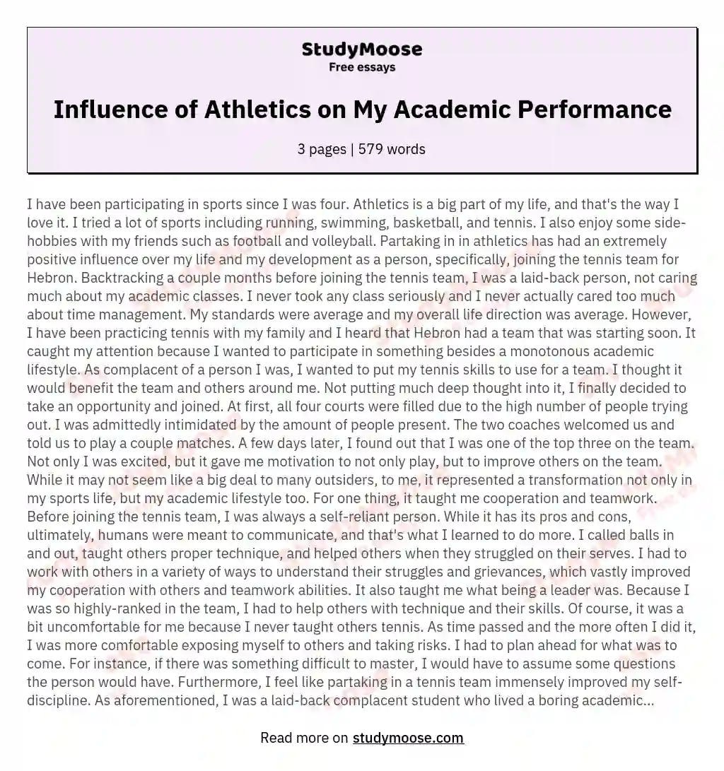 Influence of Athletics on My Academic Performance essay