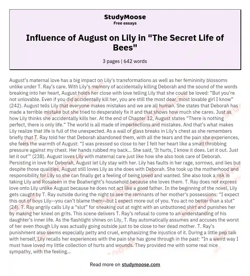 Influence of August on Lily in "The Secret Life of Bees" essay