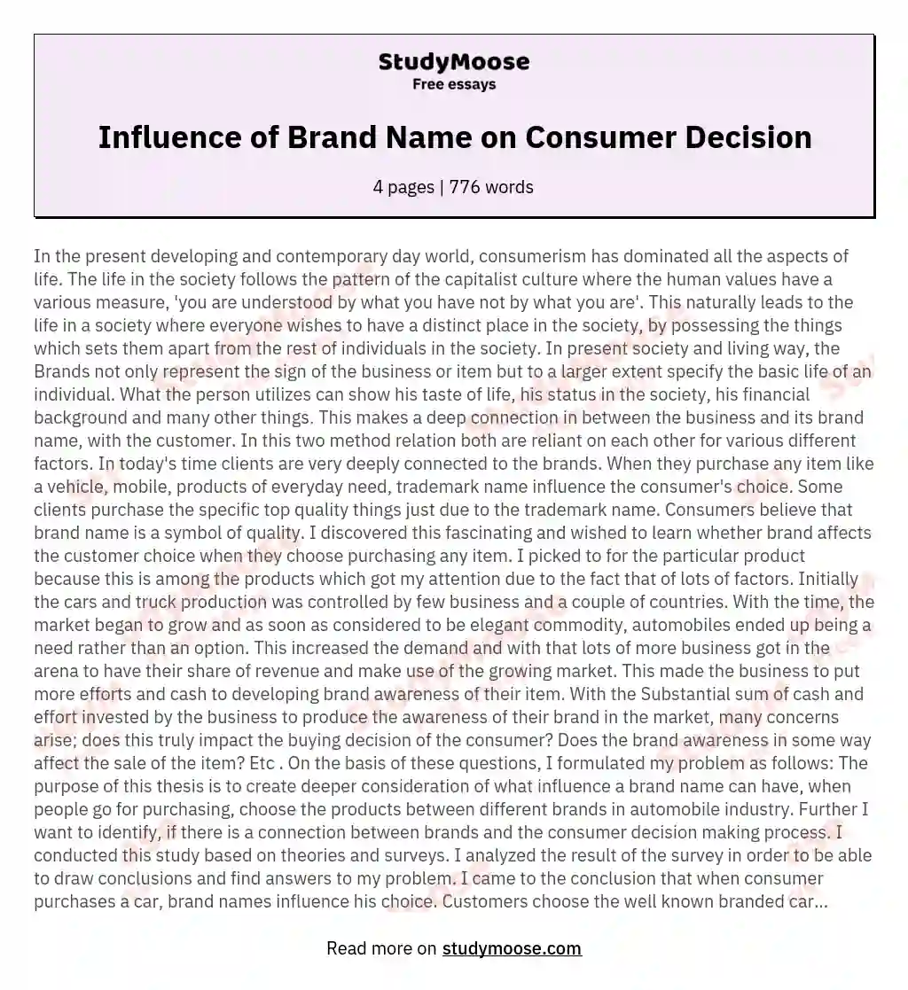 Influence of Brand Name on Consumer Decision essay