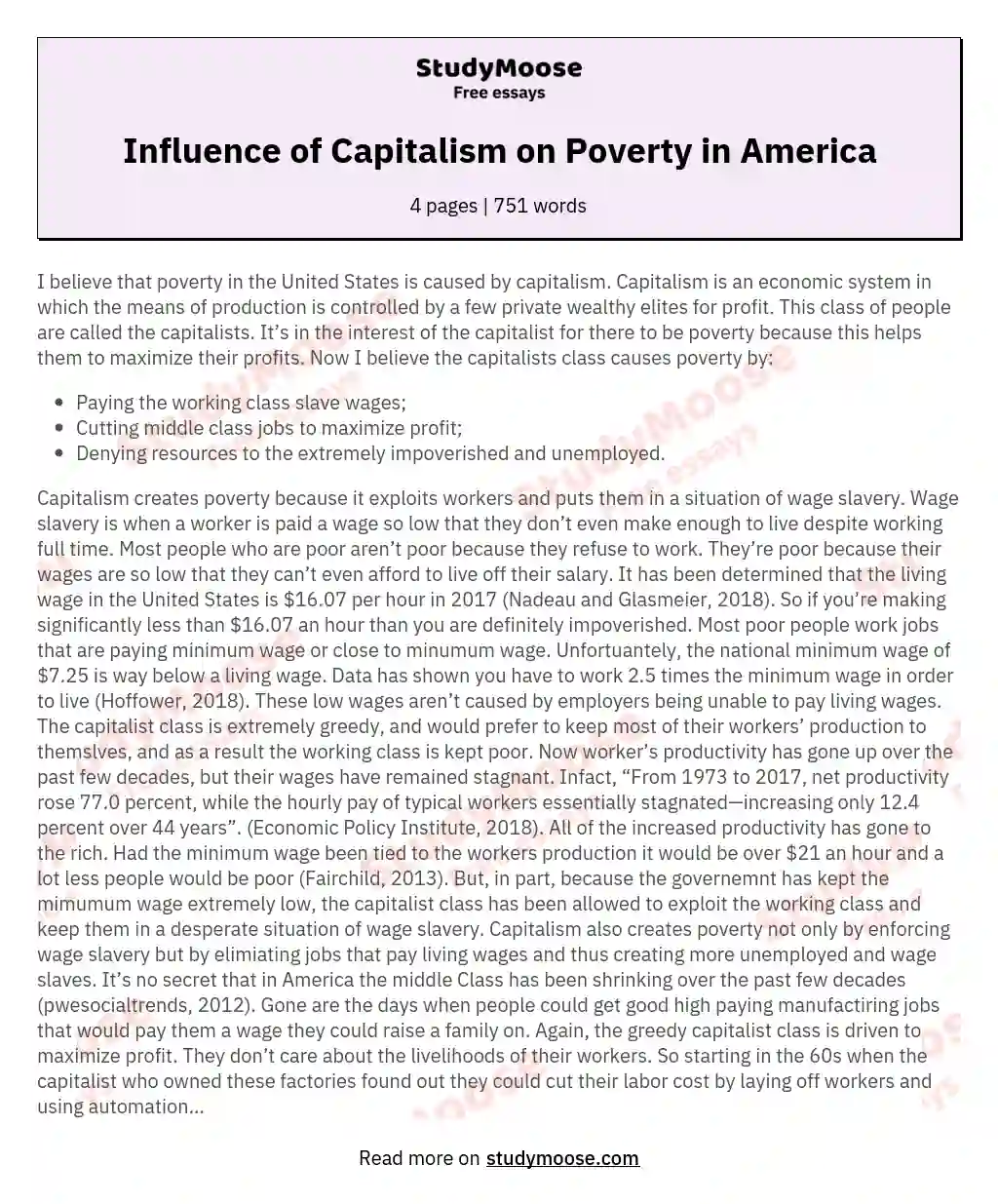 Influence of Capitalism on Poverty in America essay