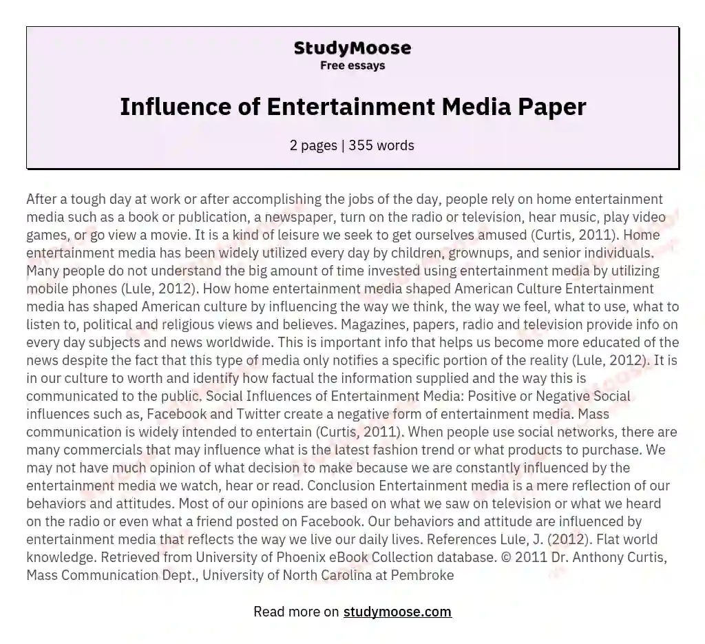 Influence of Entertainment Media Paper essay