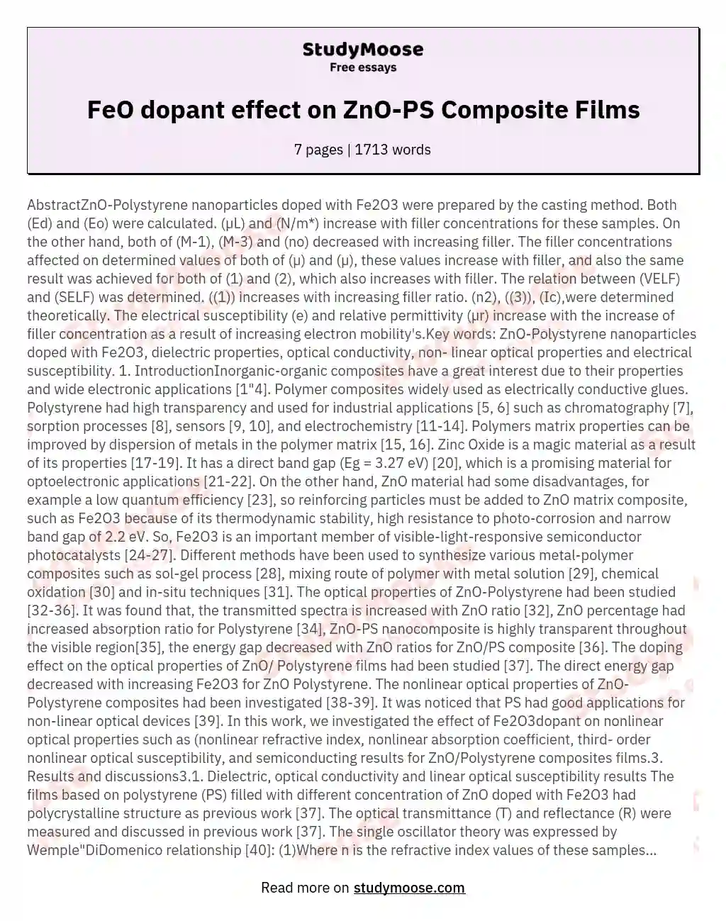 FeO dopant effect on ZnO-PS Composite Films essay