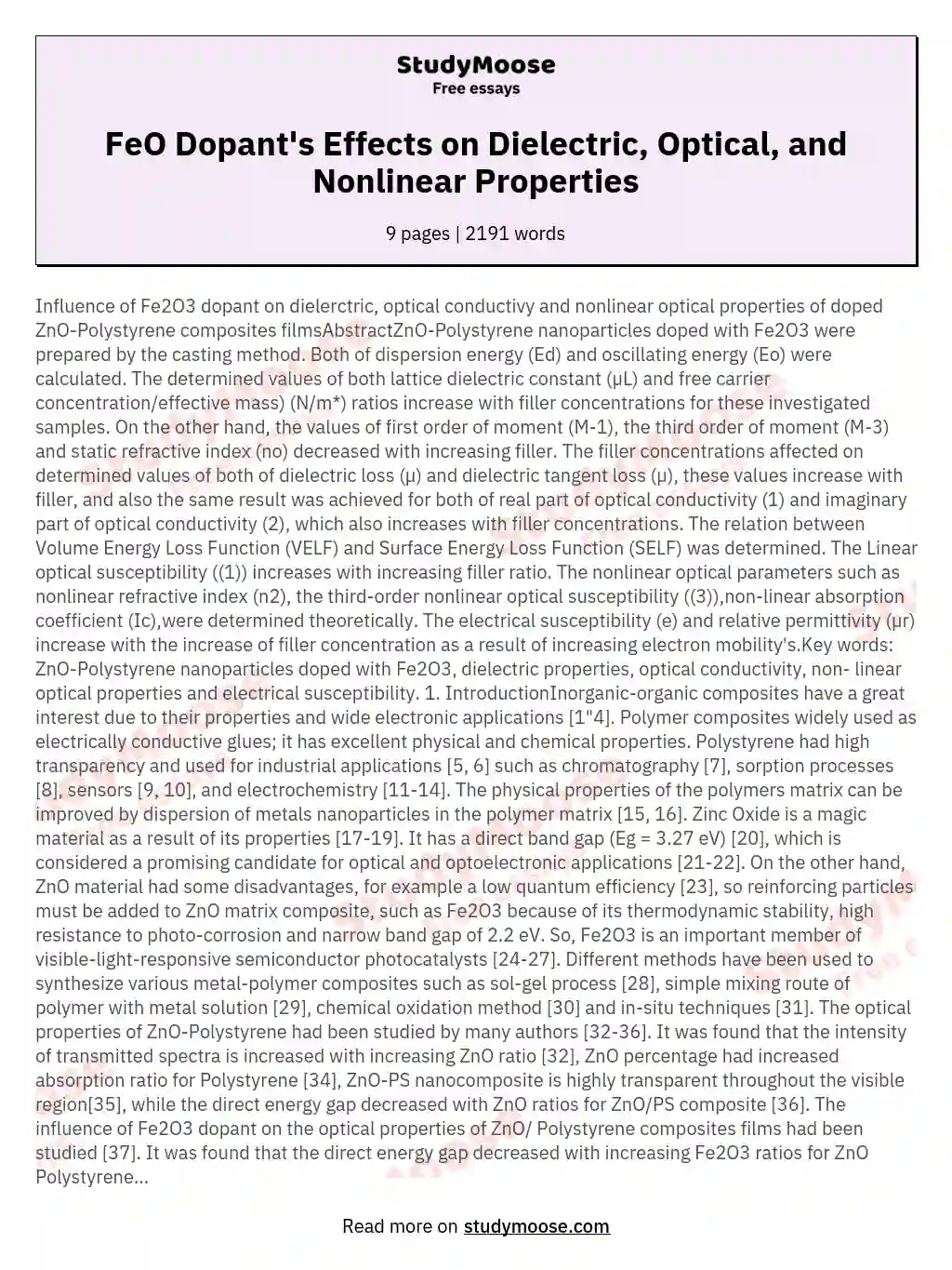 FeO Dopant's Effects on Dielectric, Optical, and Nonlinear Properties essay