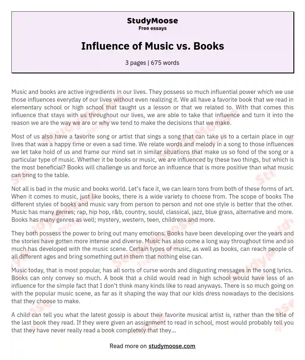 Influence of Music vs. Books essay