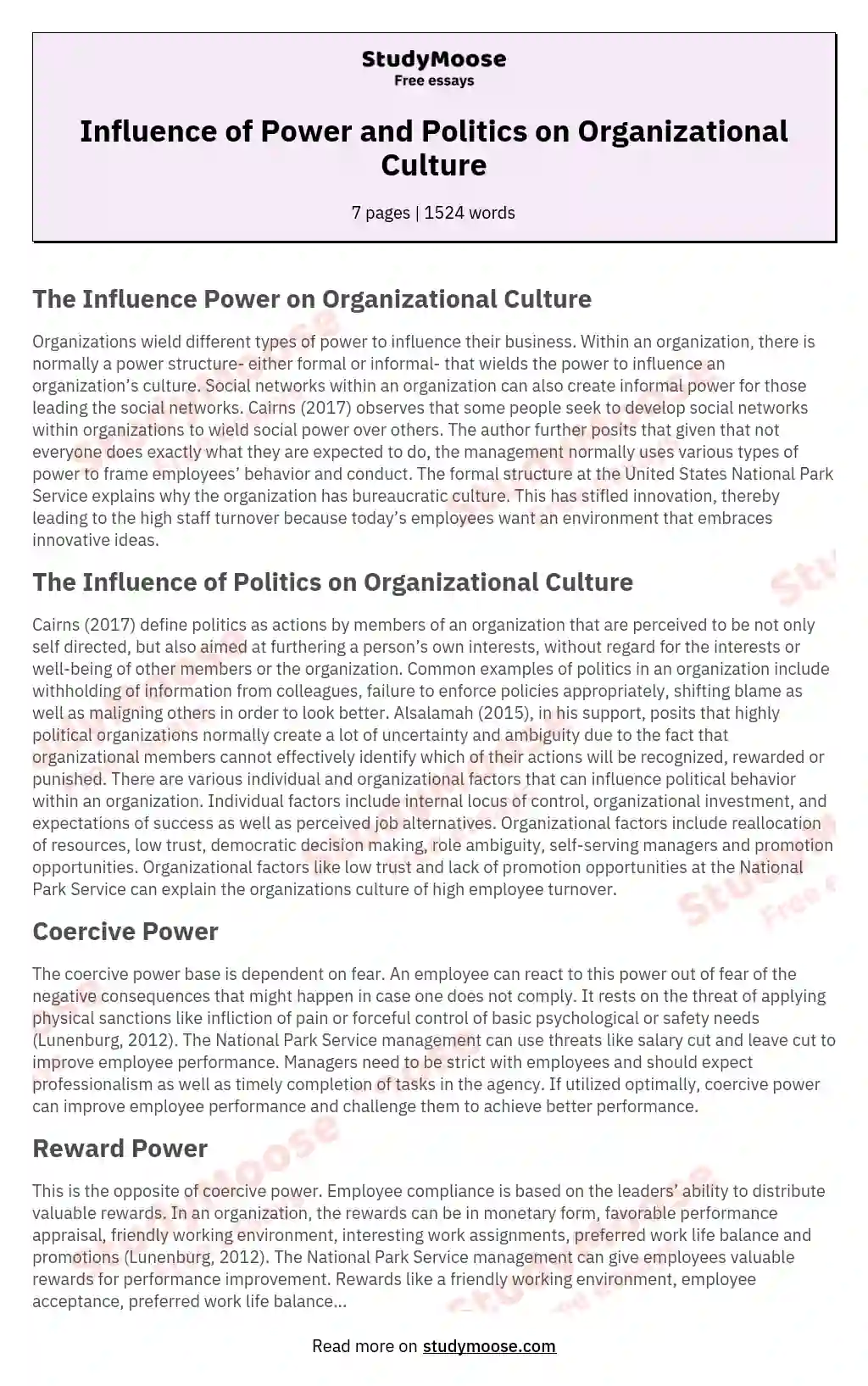 Influence of Power and Politics on Organizational Culture essay