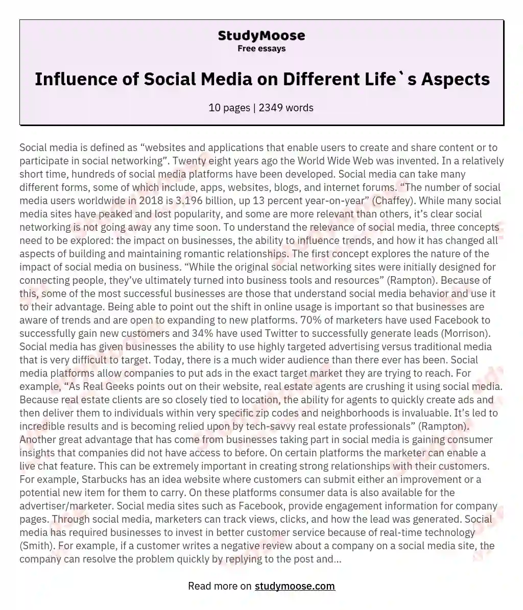 Influence of Social Media on Different Life`s Aspects essay
