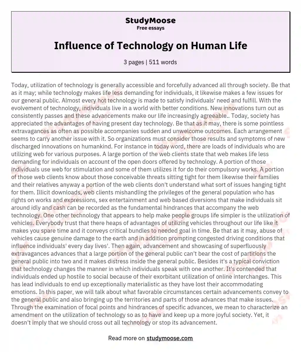 Influence of Technology on Human Life essay