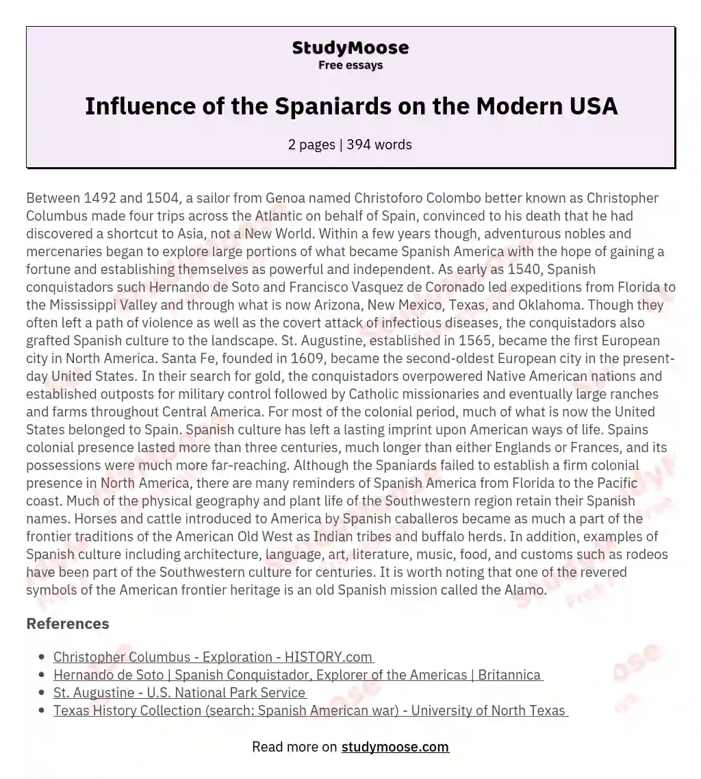 Influence of the Spaniards on the Modern USA essay