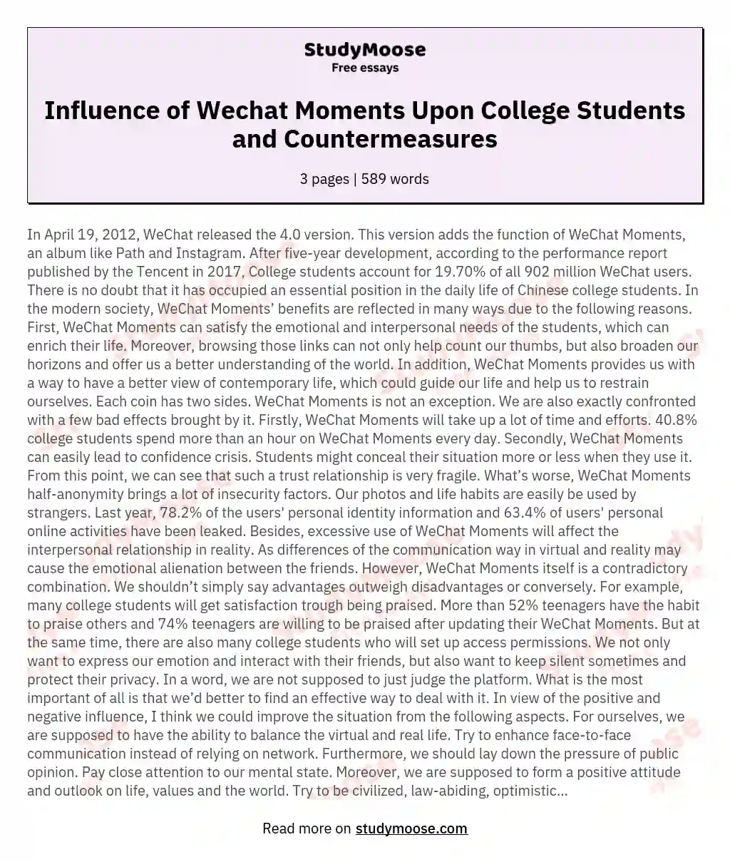 Influence of Wechat Moments Upon College Students and Countermeasures essay