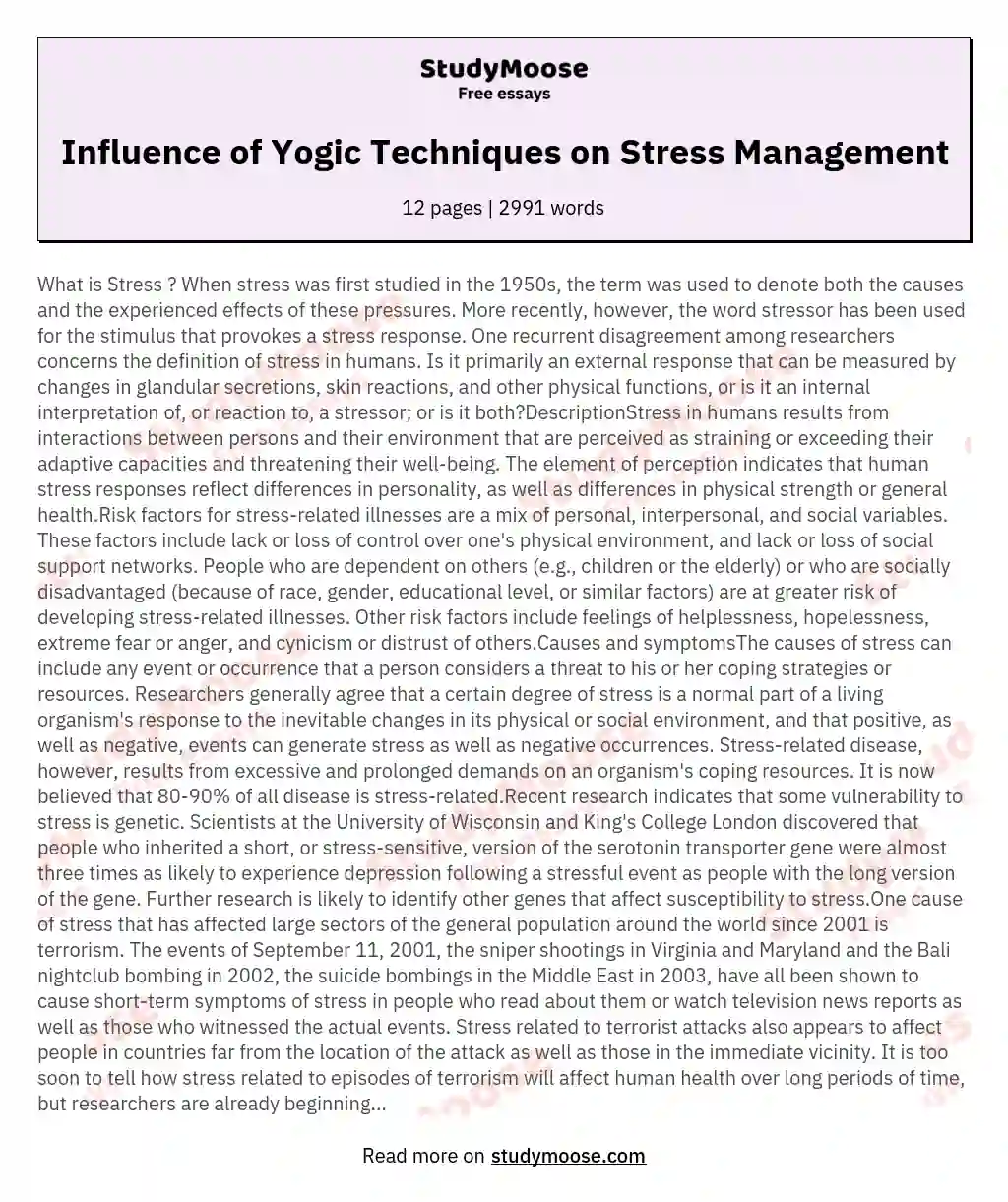 Influence of Yogic Techniques on Stress Management essay