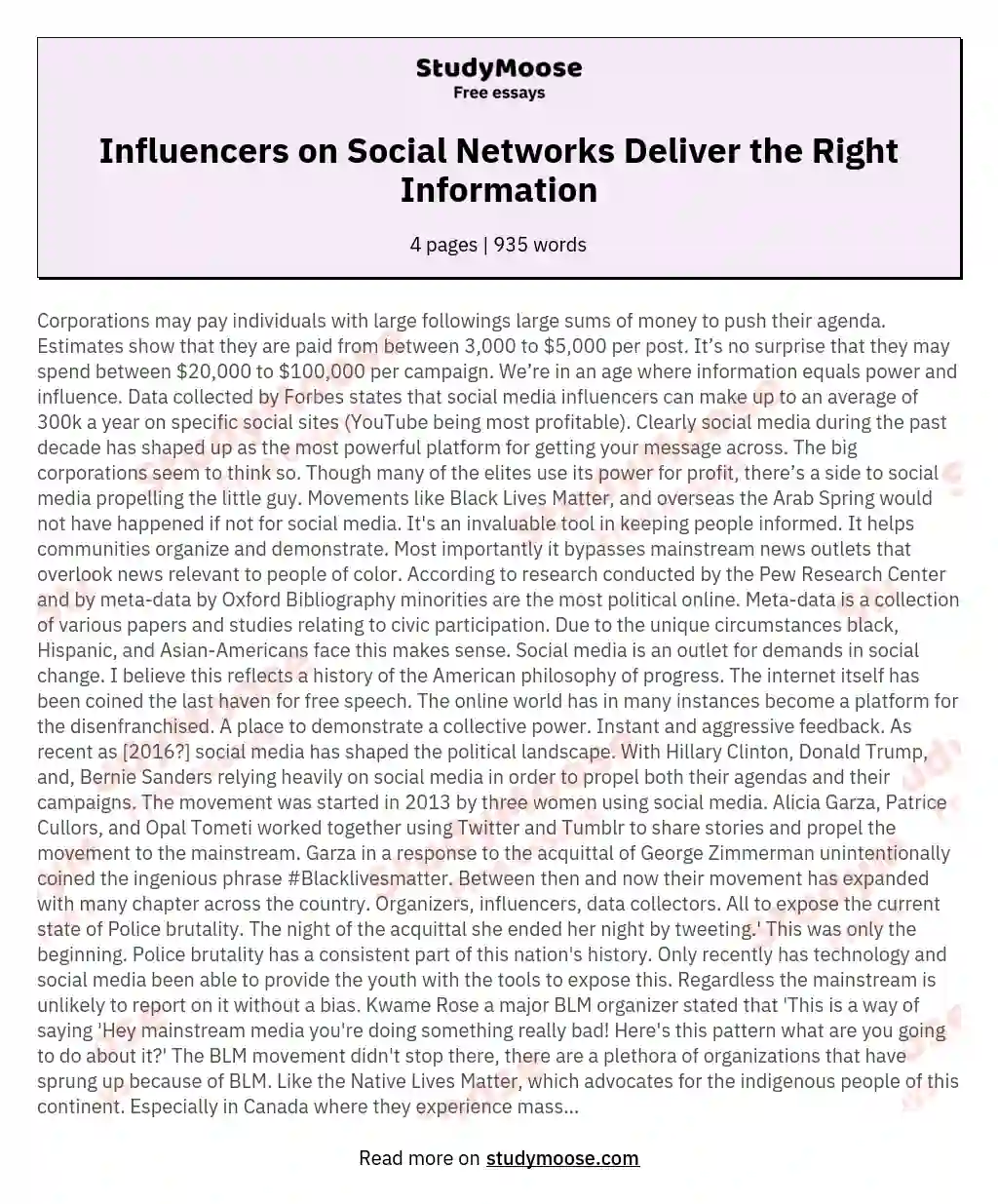 Influencers on Social Networks Deliver the Right Information essay