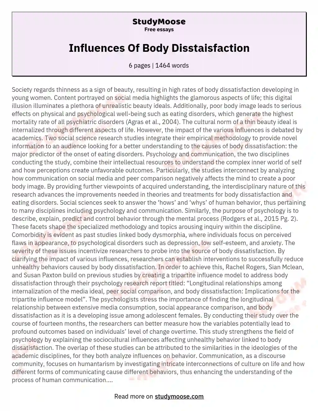 Influences Of Body Disstaisfaction essay