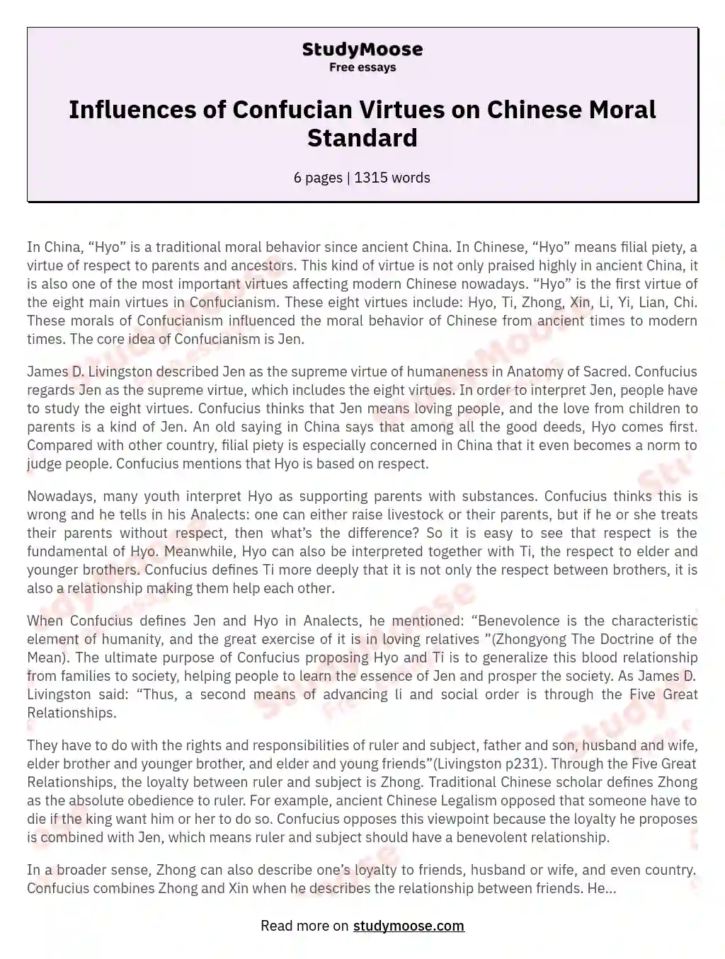 Influences of Confucian Virtues on Chinese Moral Standard essay