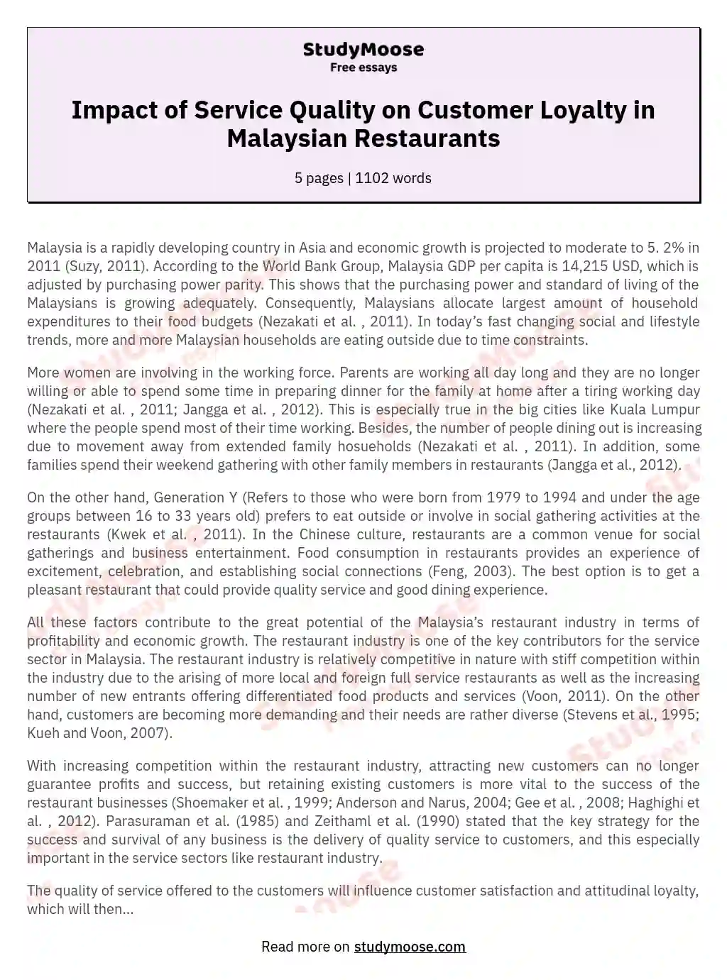Impact of Service Quality on Customer Loyalty in Malaysian Restaurants