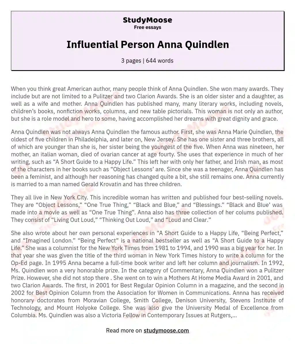 Influential Person Anna Quindlen essay