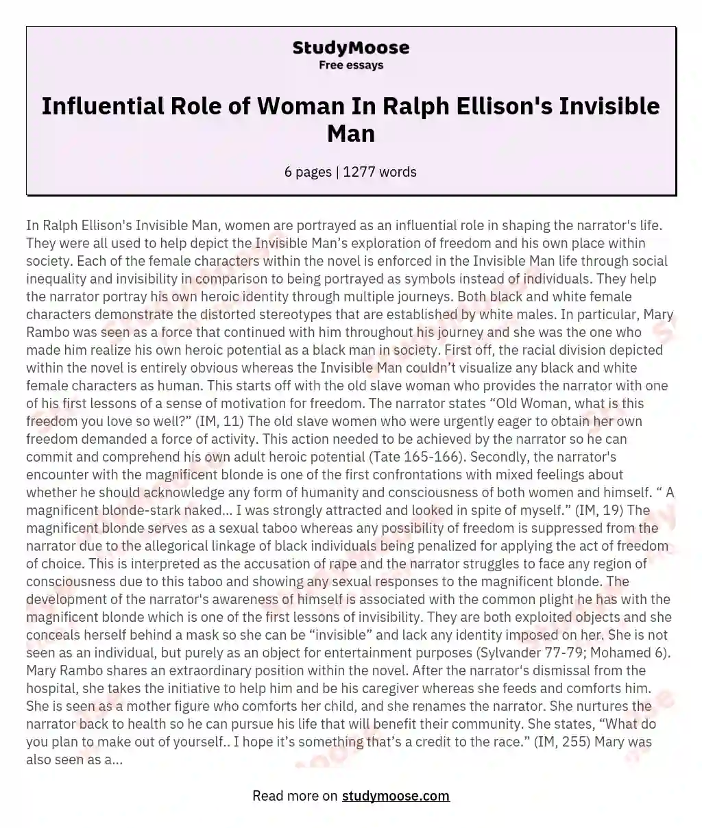 Influential Role of Woman In Ralph Ellison's Invisible Man essay