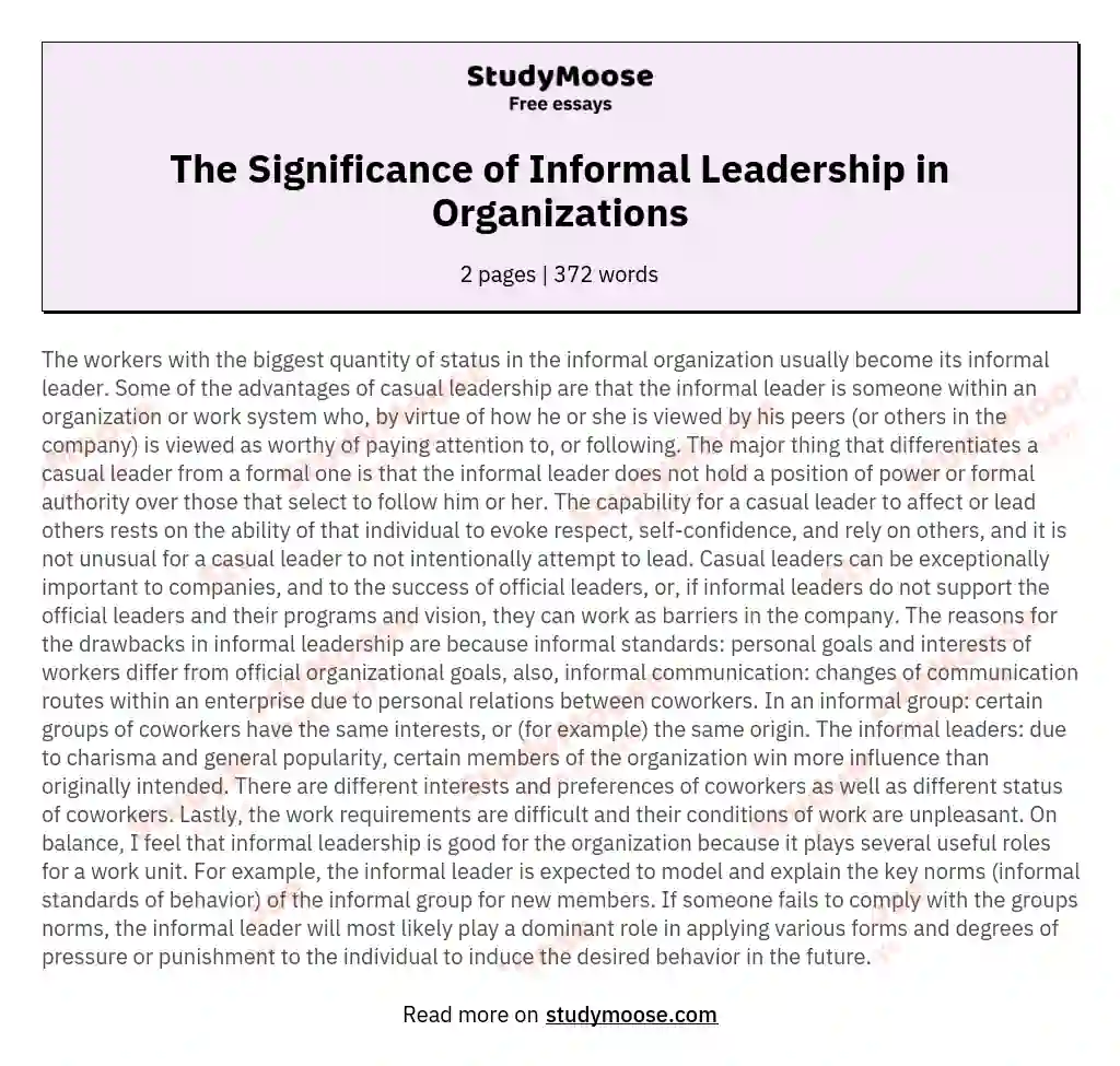 The Significance of Informal Leadership in Organizations essay