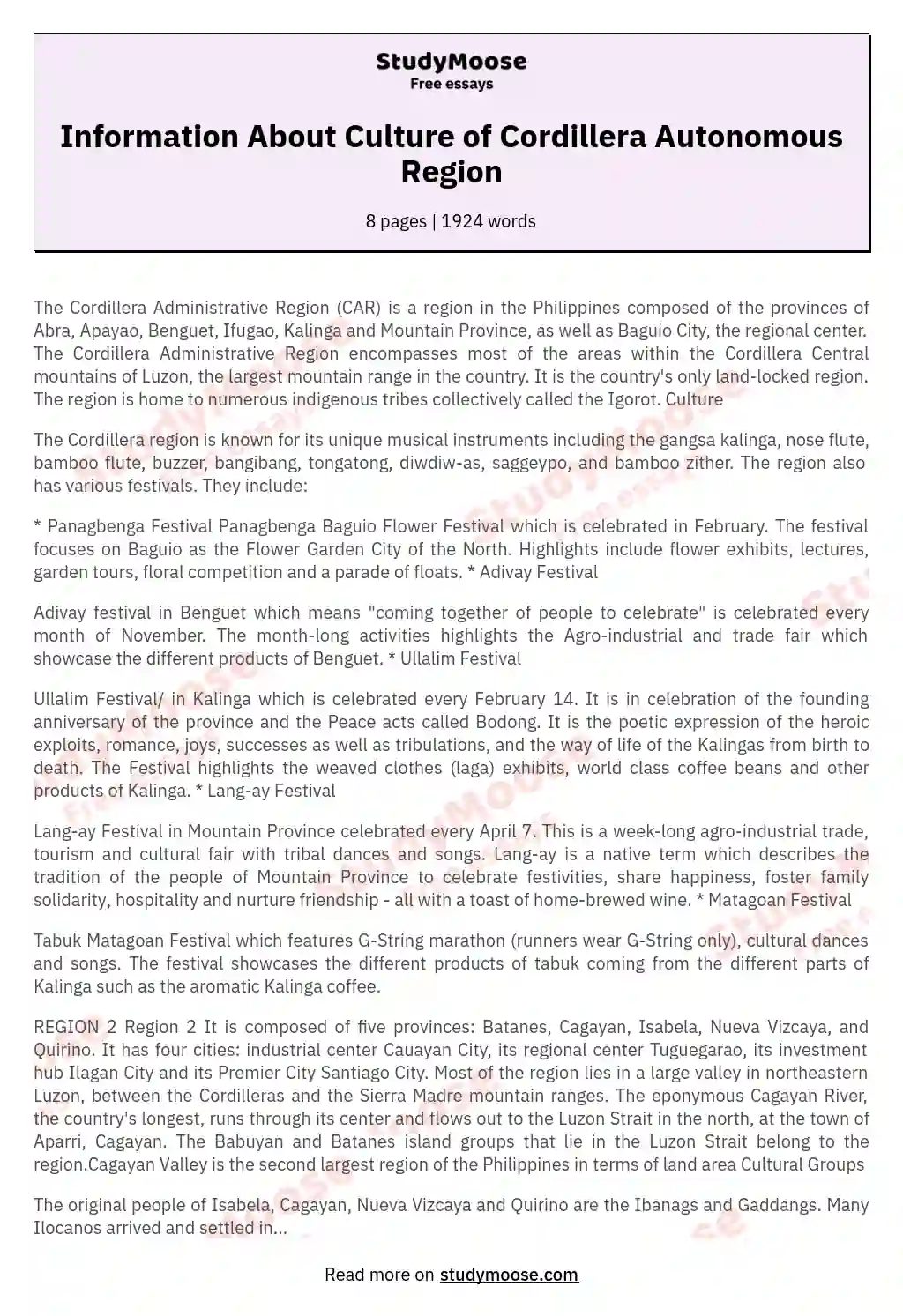 Information About Culture of Cordillera Autonomous Region essay