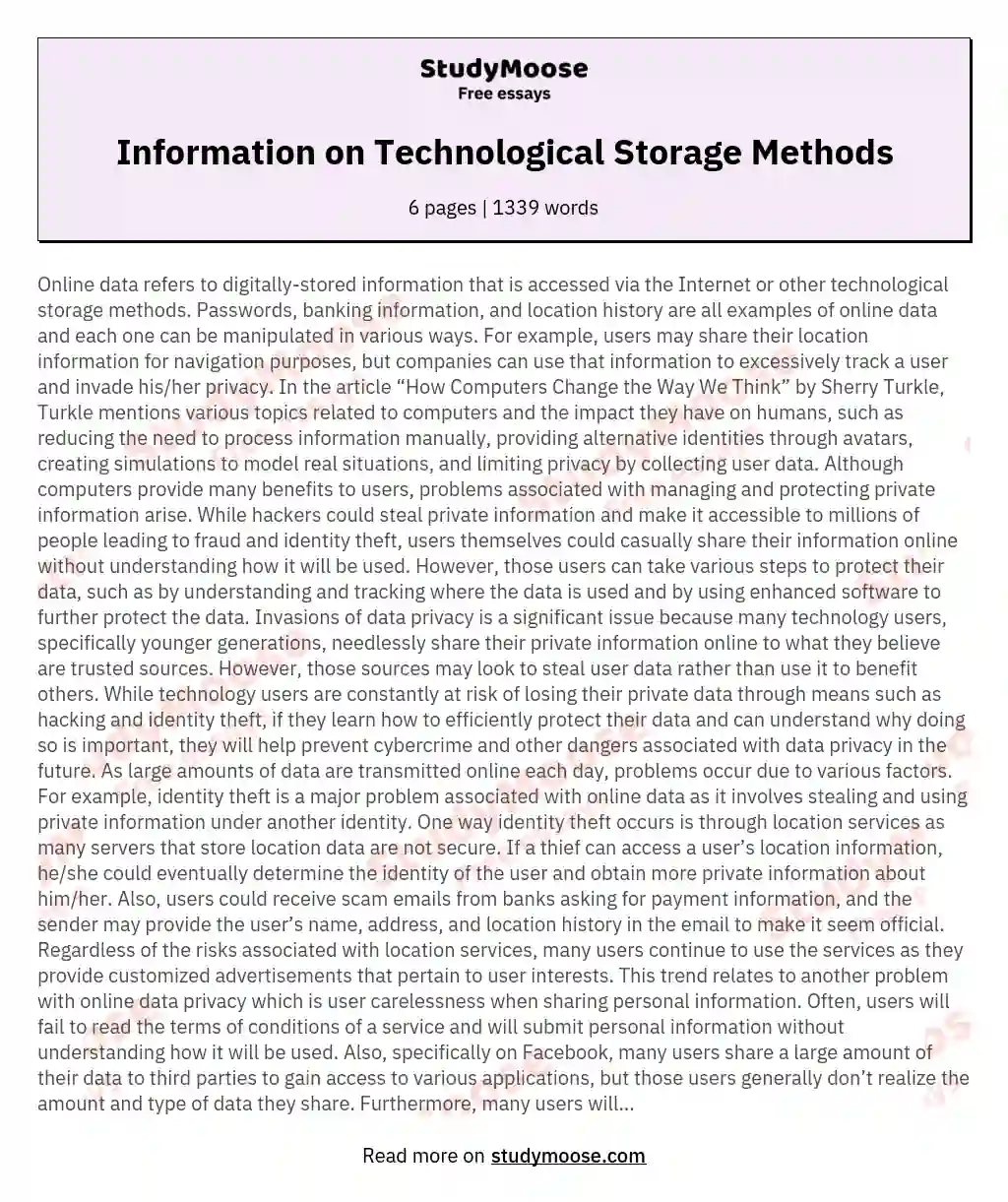 Information on Technological Storage Methods essay