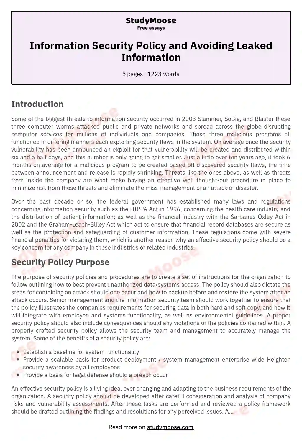 Information Security Policy and Avoiding Leaked Information
