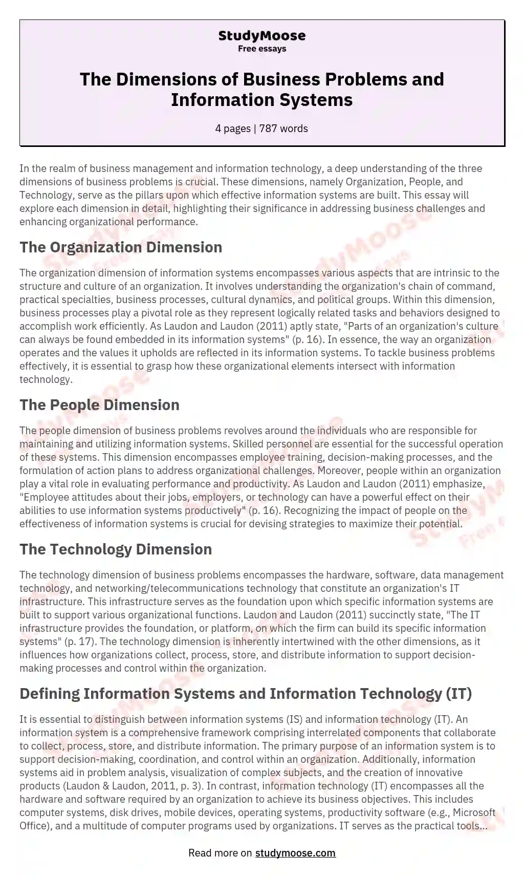 The Dimensions of Business Problems and Information Systems essay