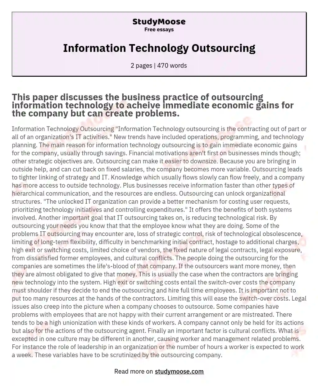 Information Technology Outsourcing essay