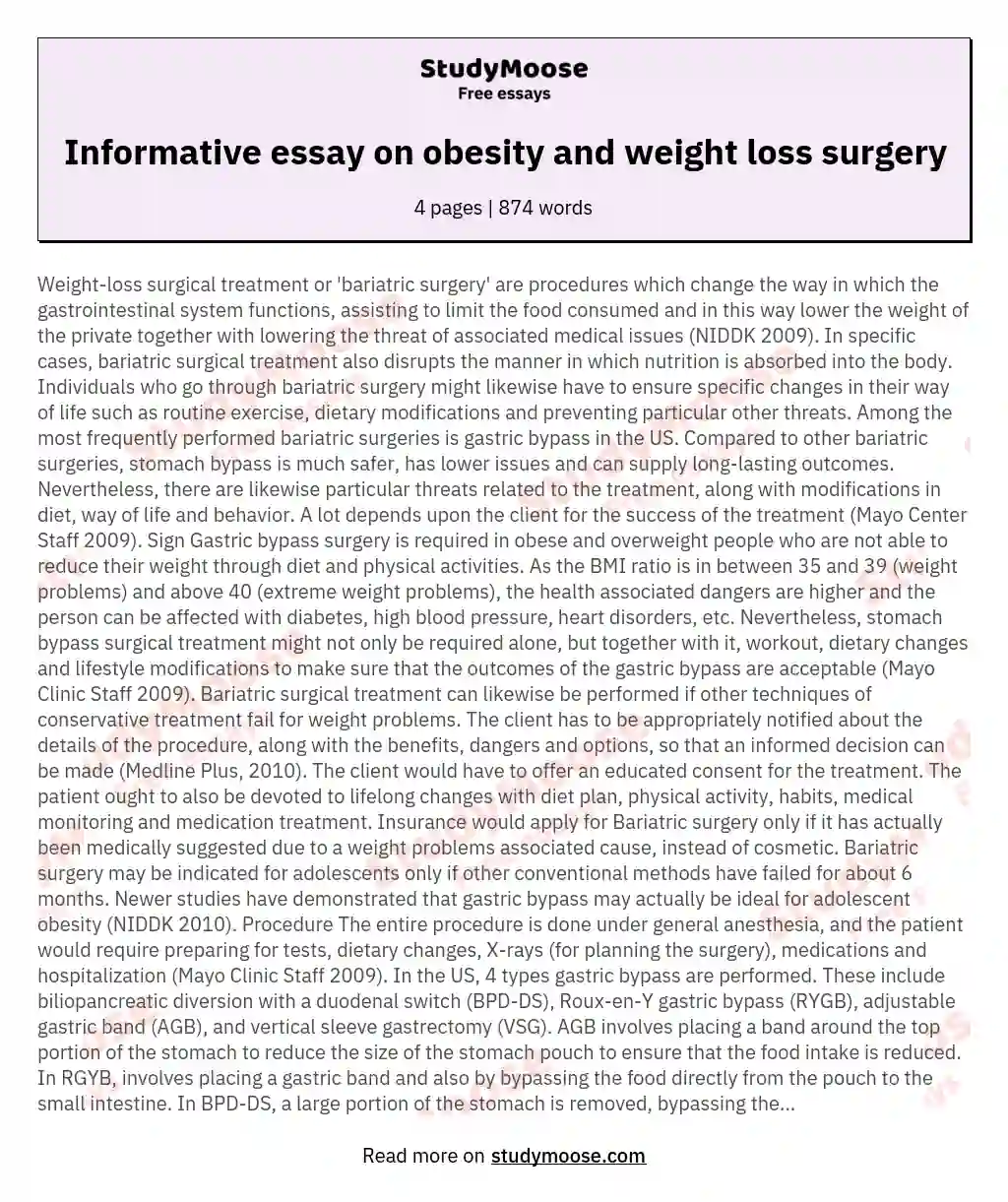 Informative essay on obesity and weight loss surgery