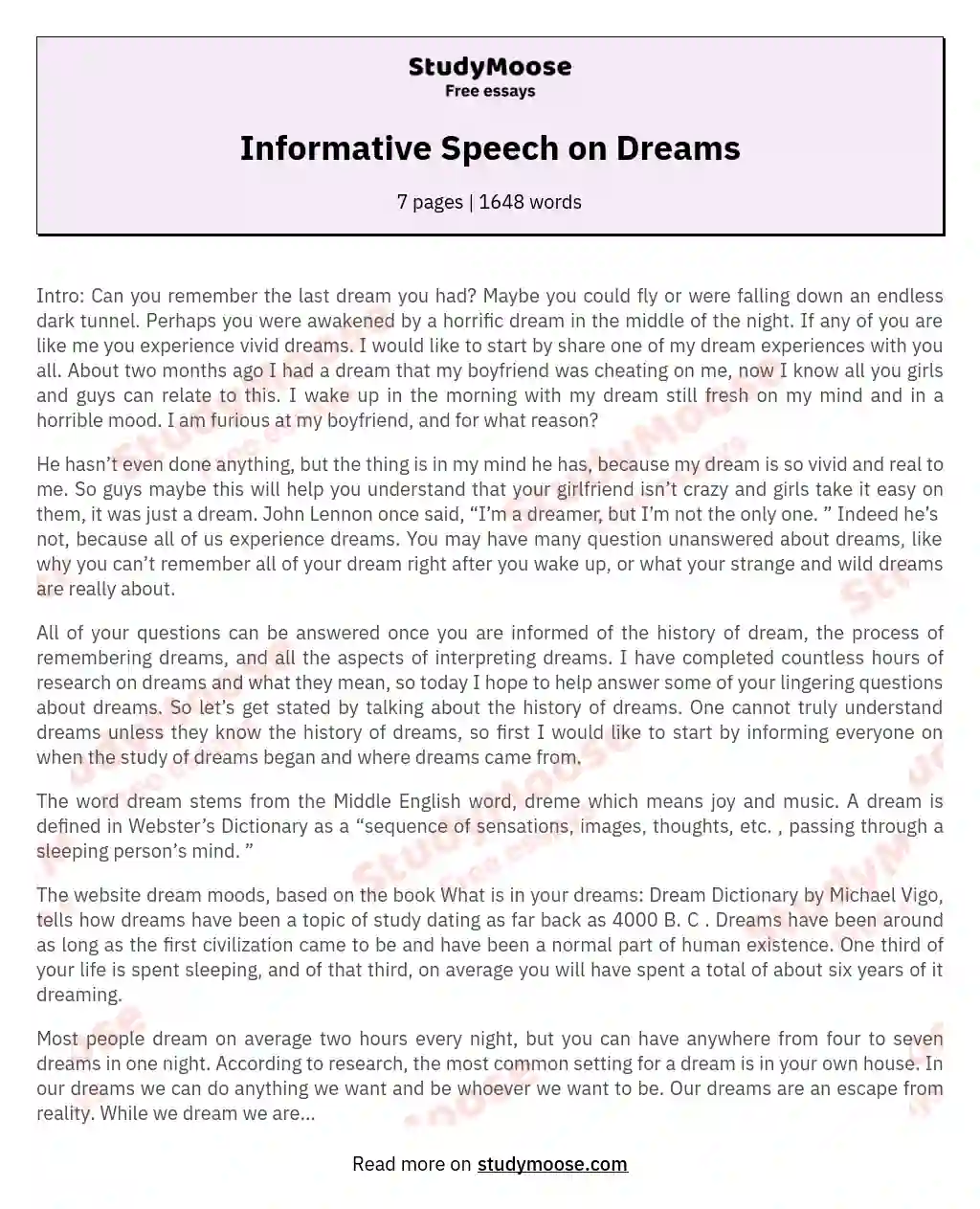 Informative Speech on Dreams essay