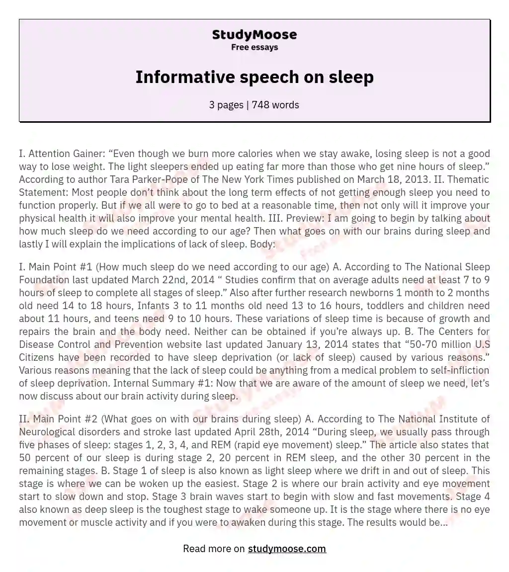 Informative speech on sleep essay