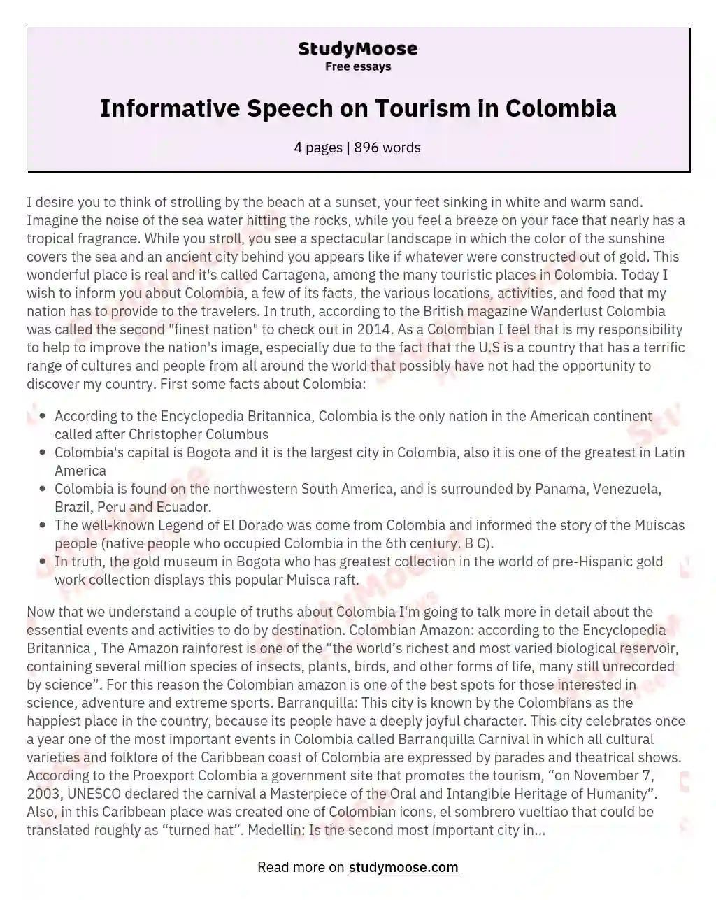 Informative Speech on Tourism in Colombia essay