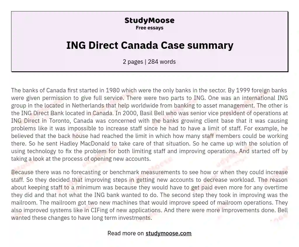 ING Direct Canada Case summary essay