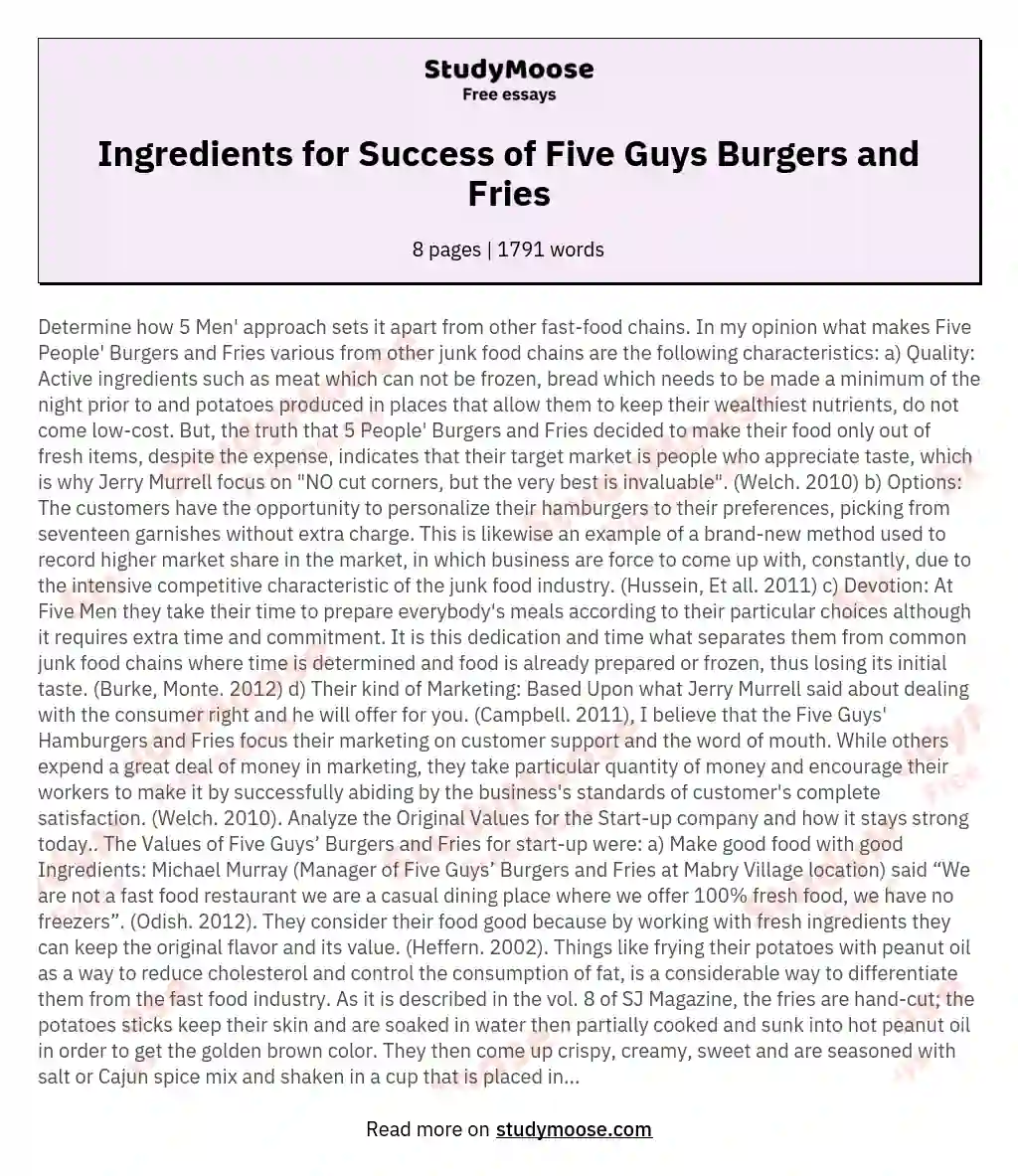 Ingredients for Success of Five Guys Burgers and Fries essay