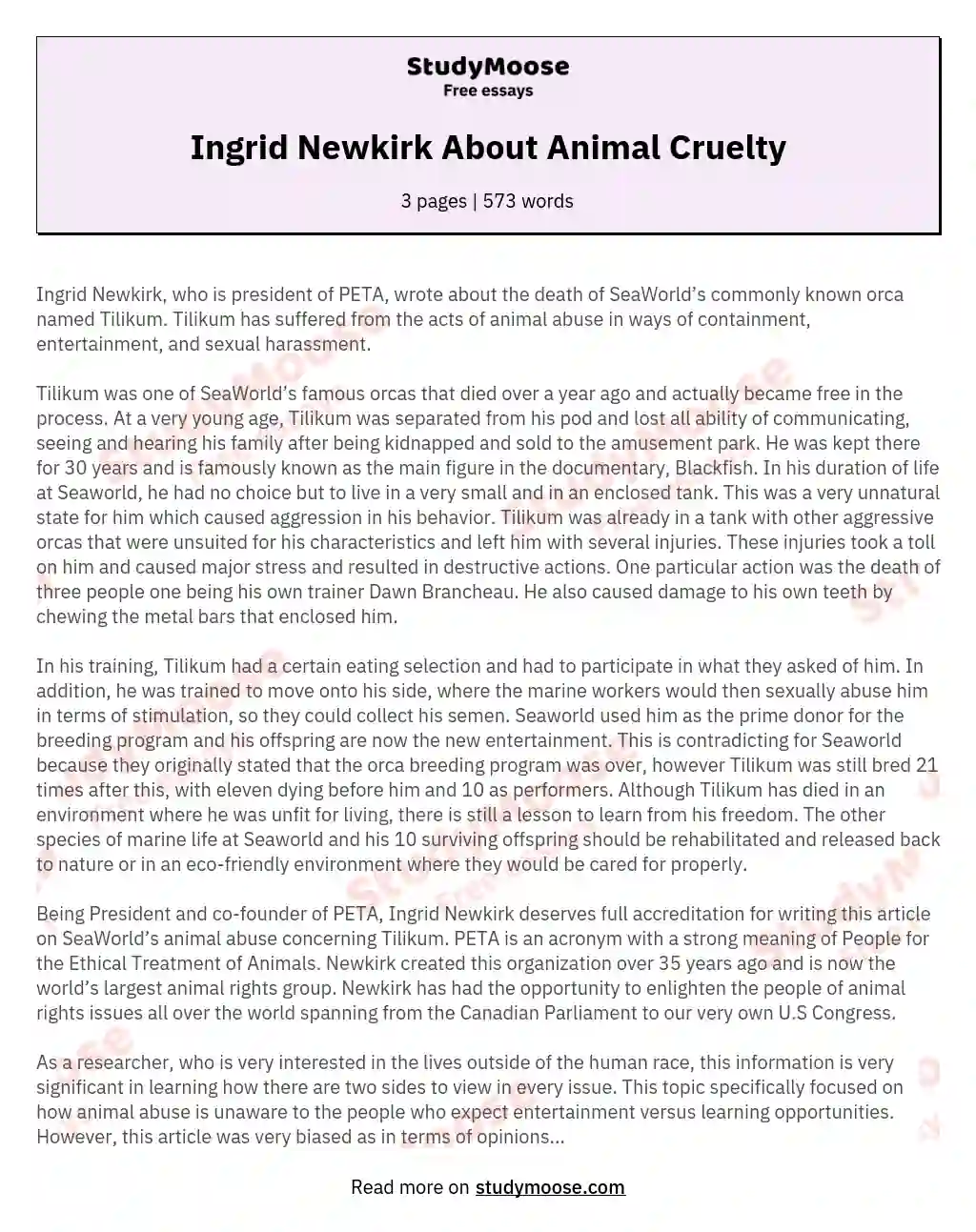 Ingrid Newkirk About Animal Cruelty essay