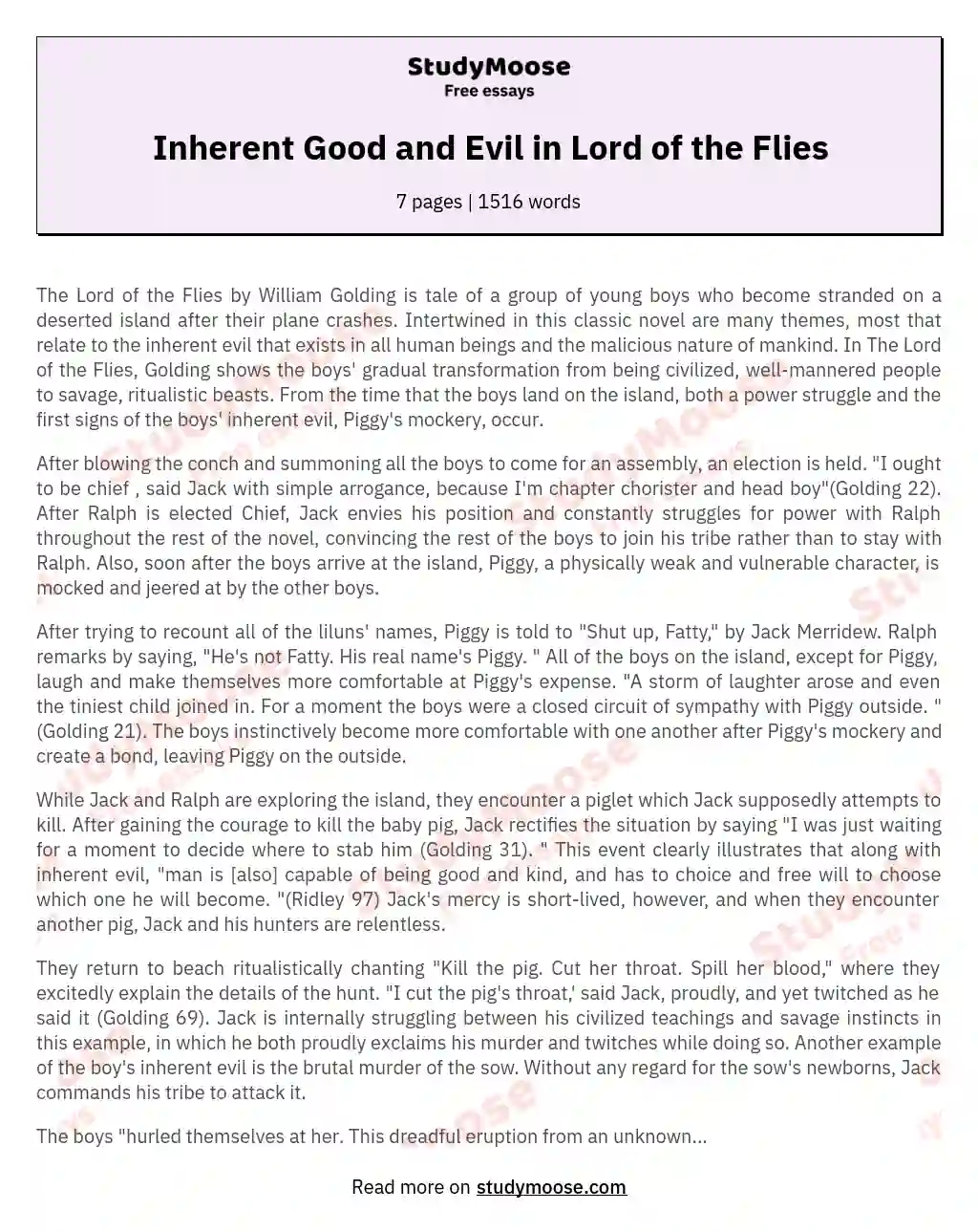 Inherent Good and Evil in Lord of the Flies essay