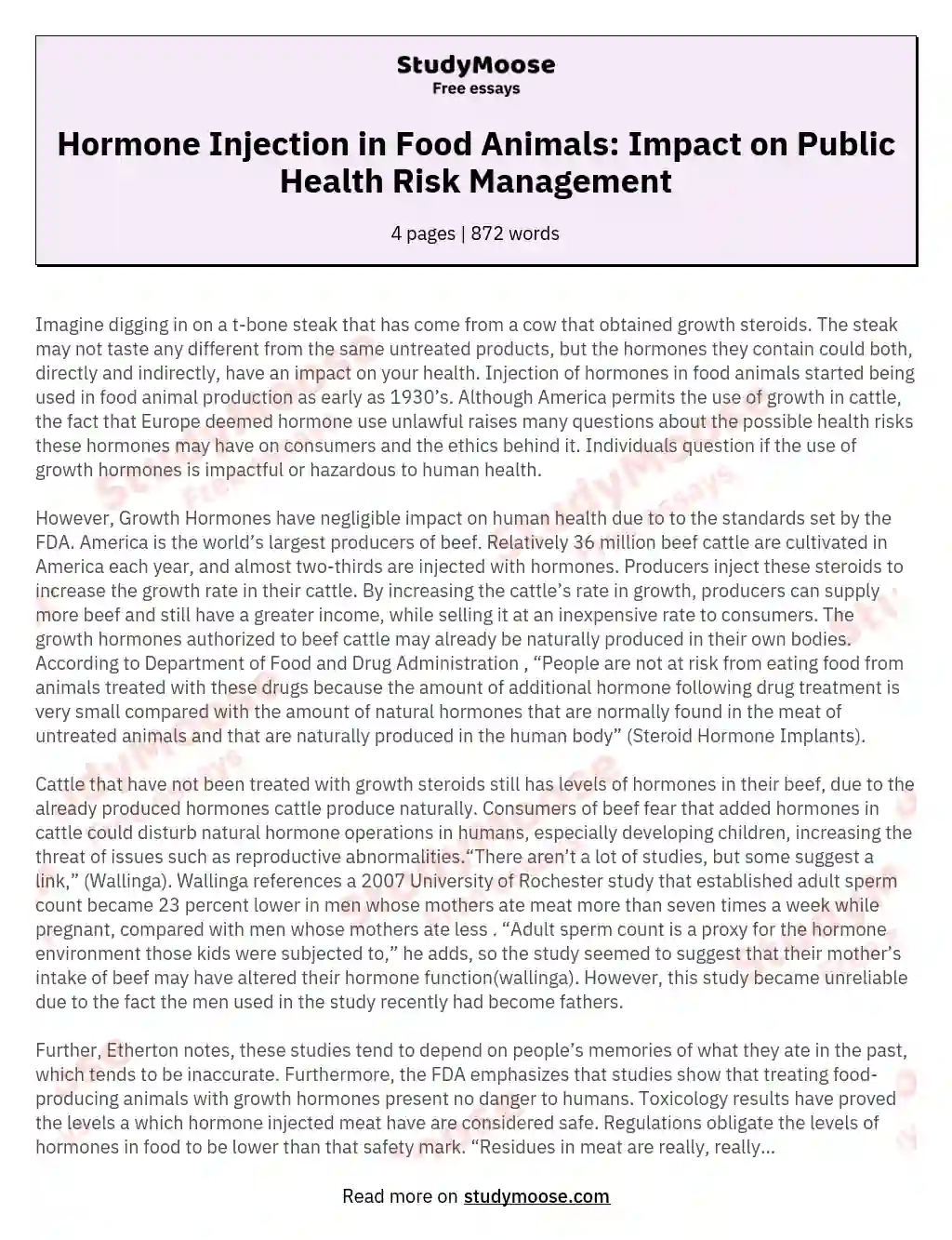 Hormone Injection in Food Animals: Impact on Public Health Risk Management essay