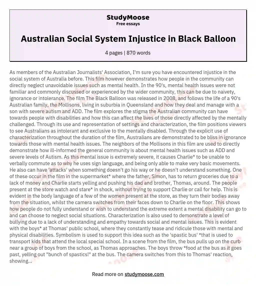 Australian Social System Injustice in Black Balloon essay