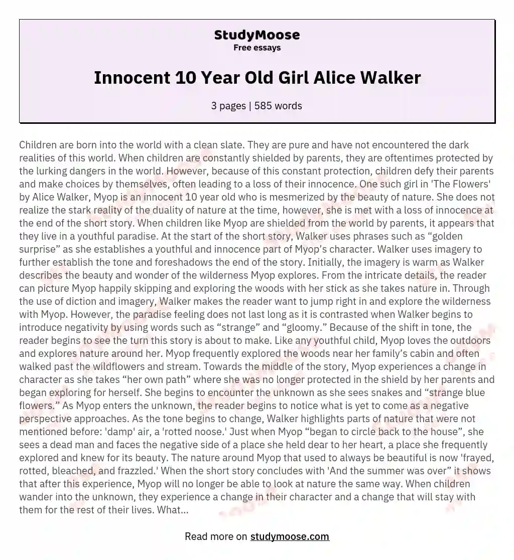 Innocent 10 Year Old Girl Alice Walker essay