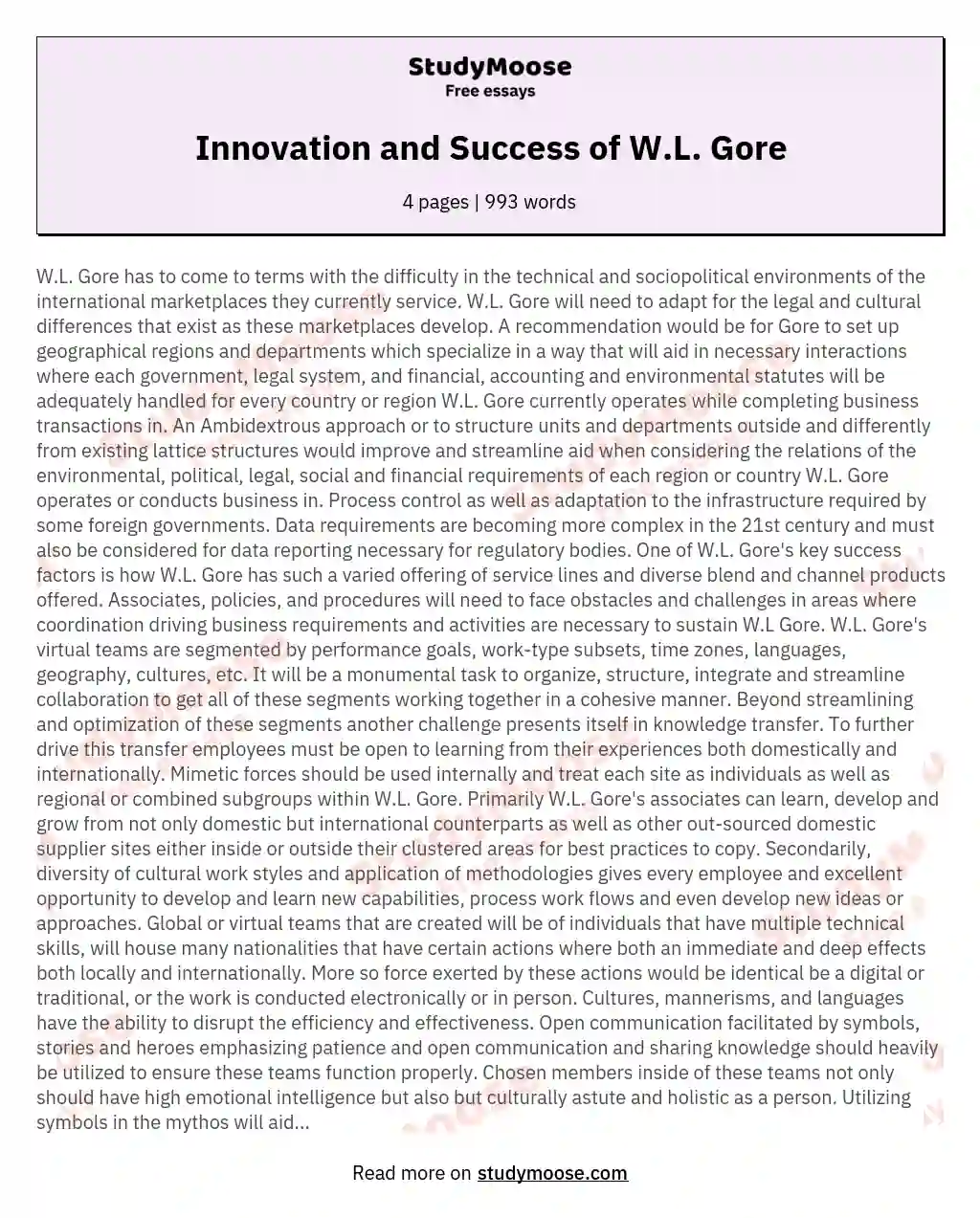 Innovation and Success of W.L. Gore essay