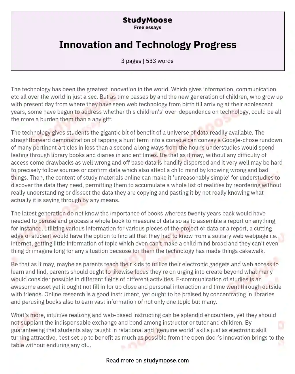 Innovation and Technology Progress essay