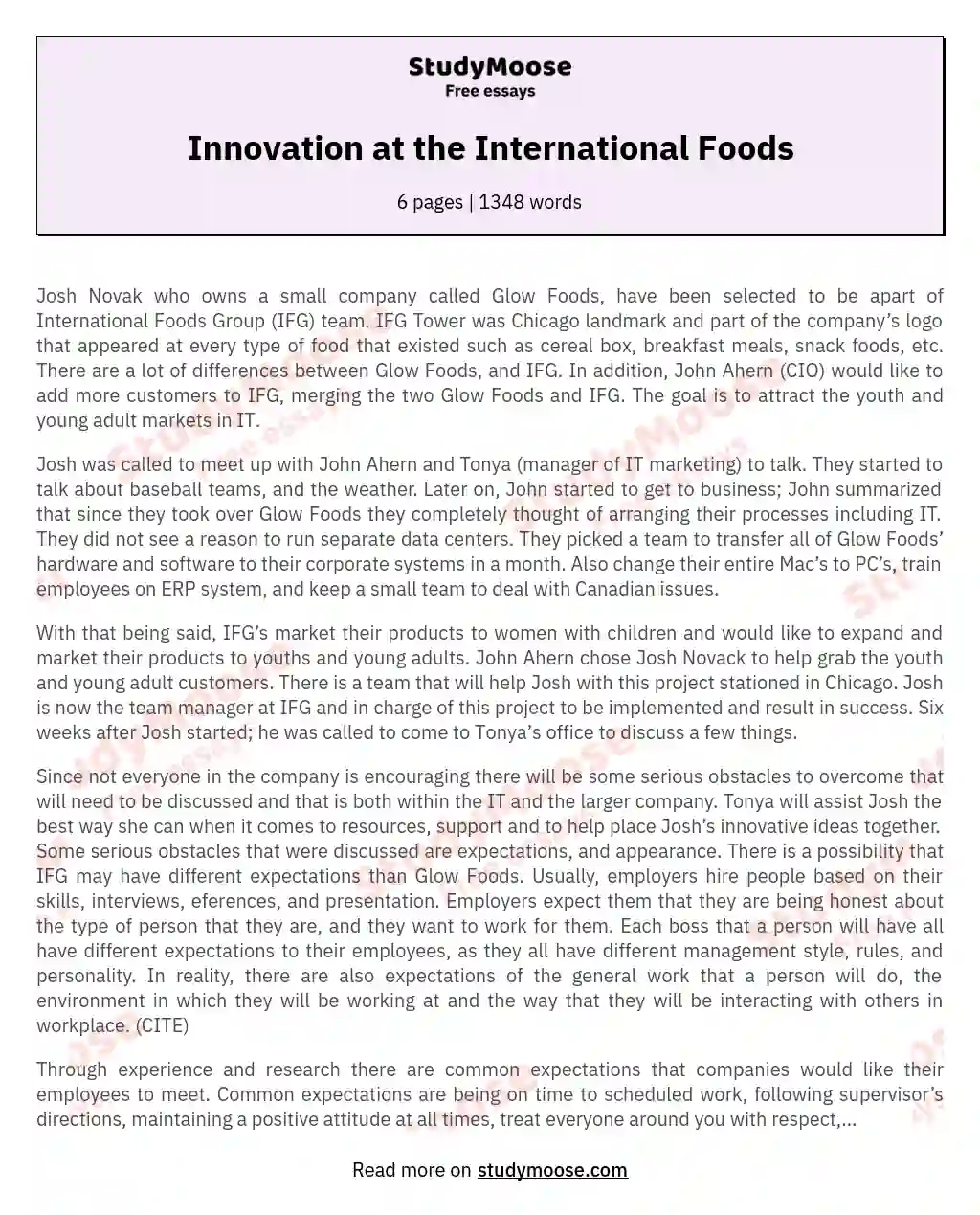 Innovation at the International Foods essay