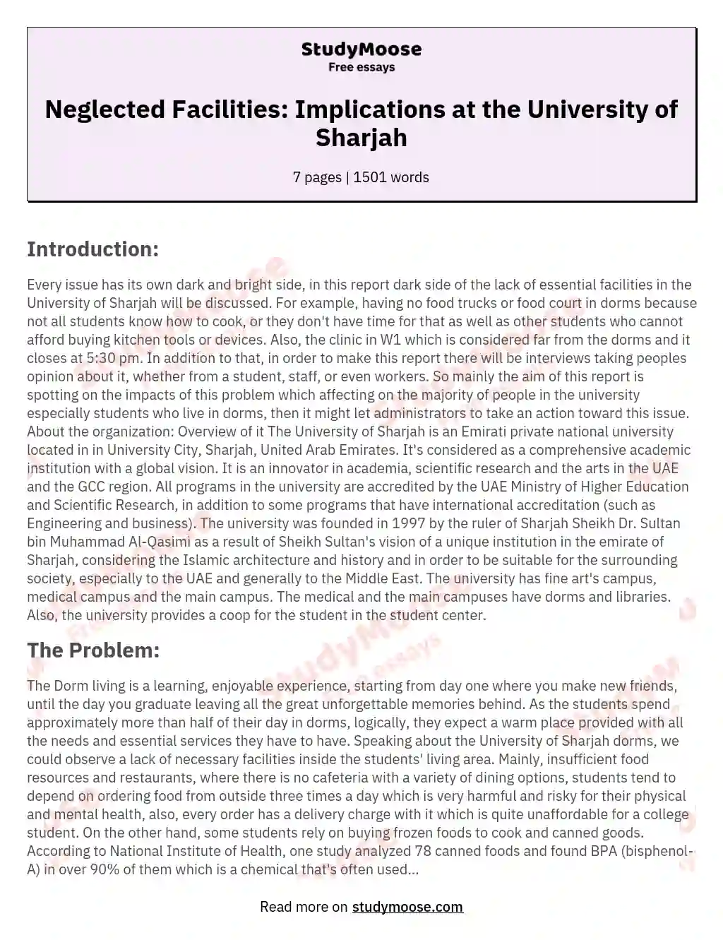 Neglected Facilities: Implications at the University of Sharjah essay