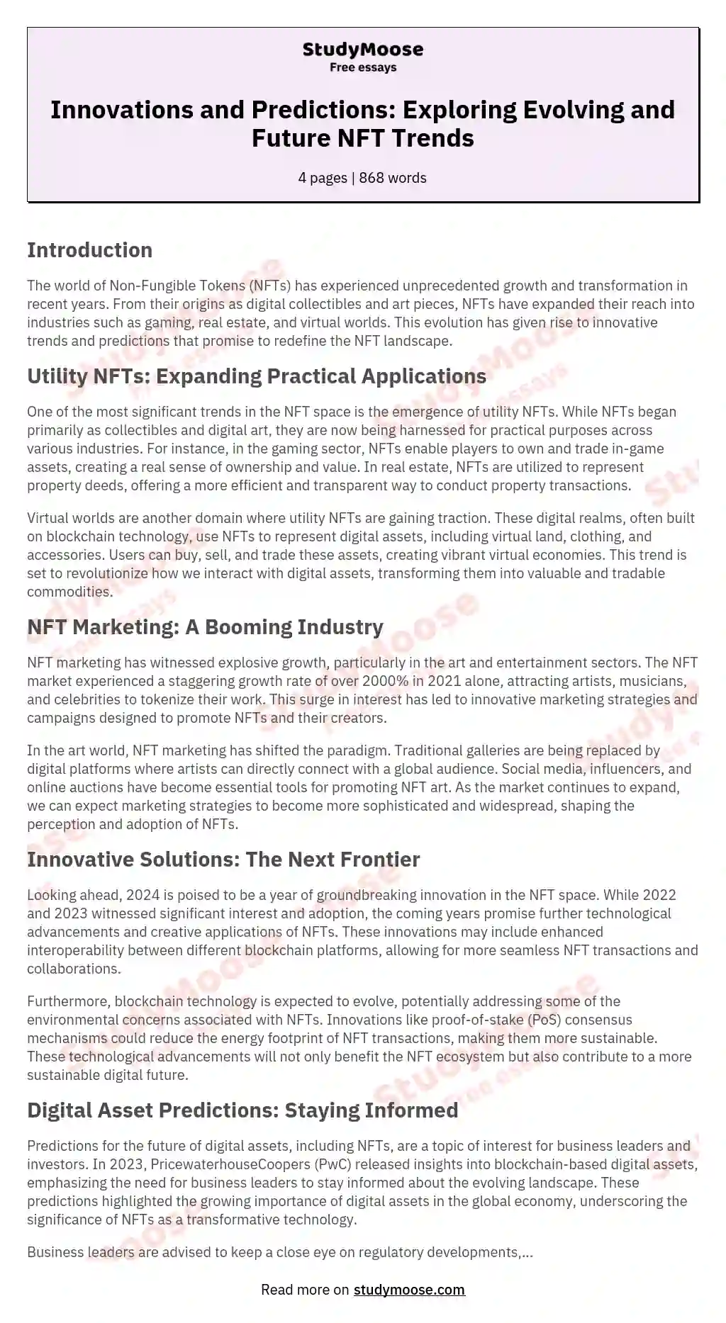 Innovations and Predictions: Exploring Evolving and Future NFT Trends essay