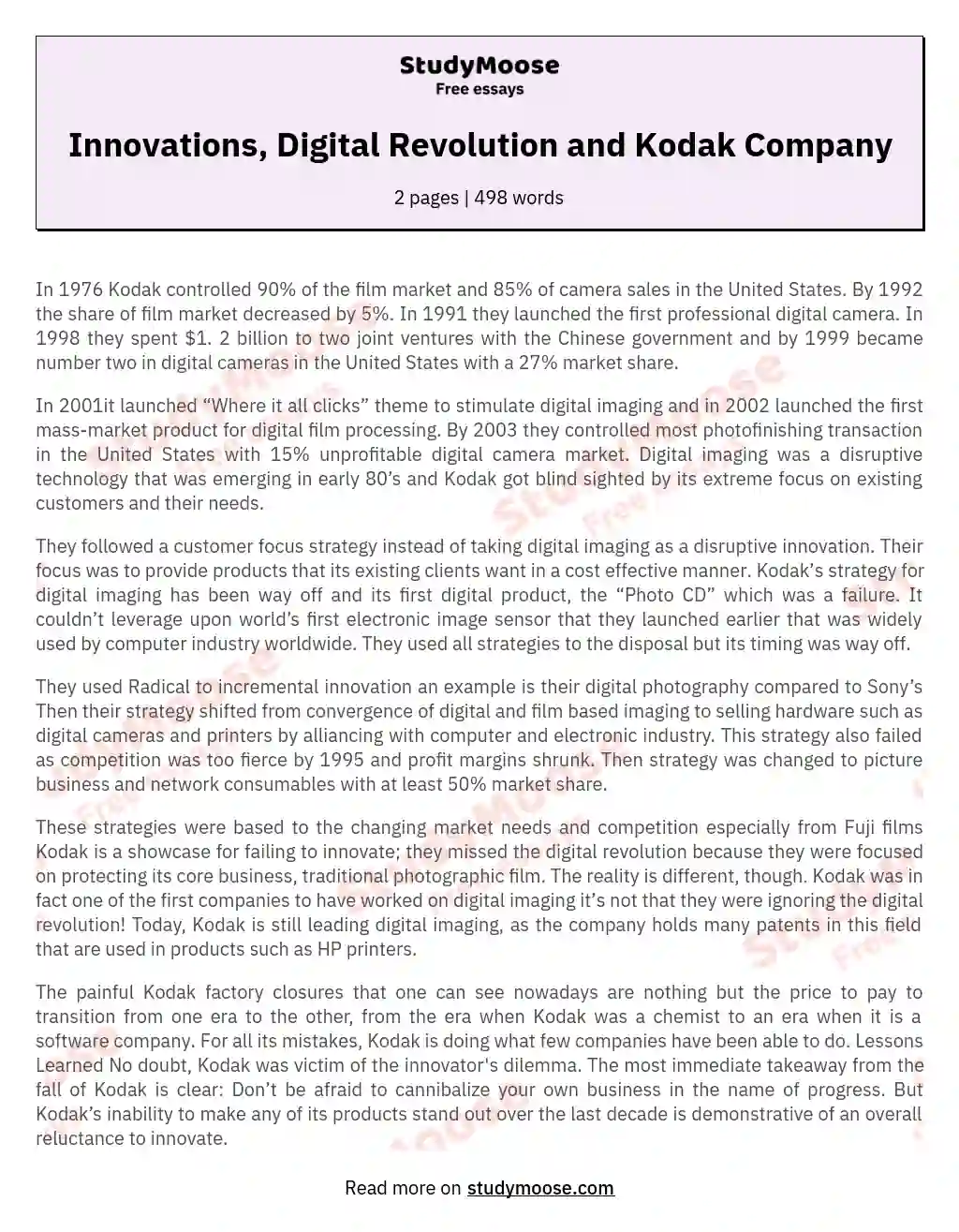Innovations, Digital Revolution and Kodak Company essay