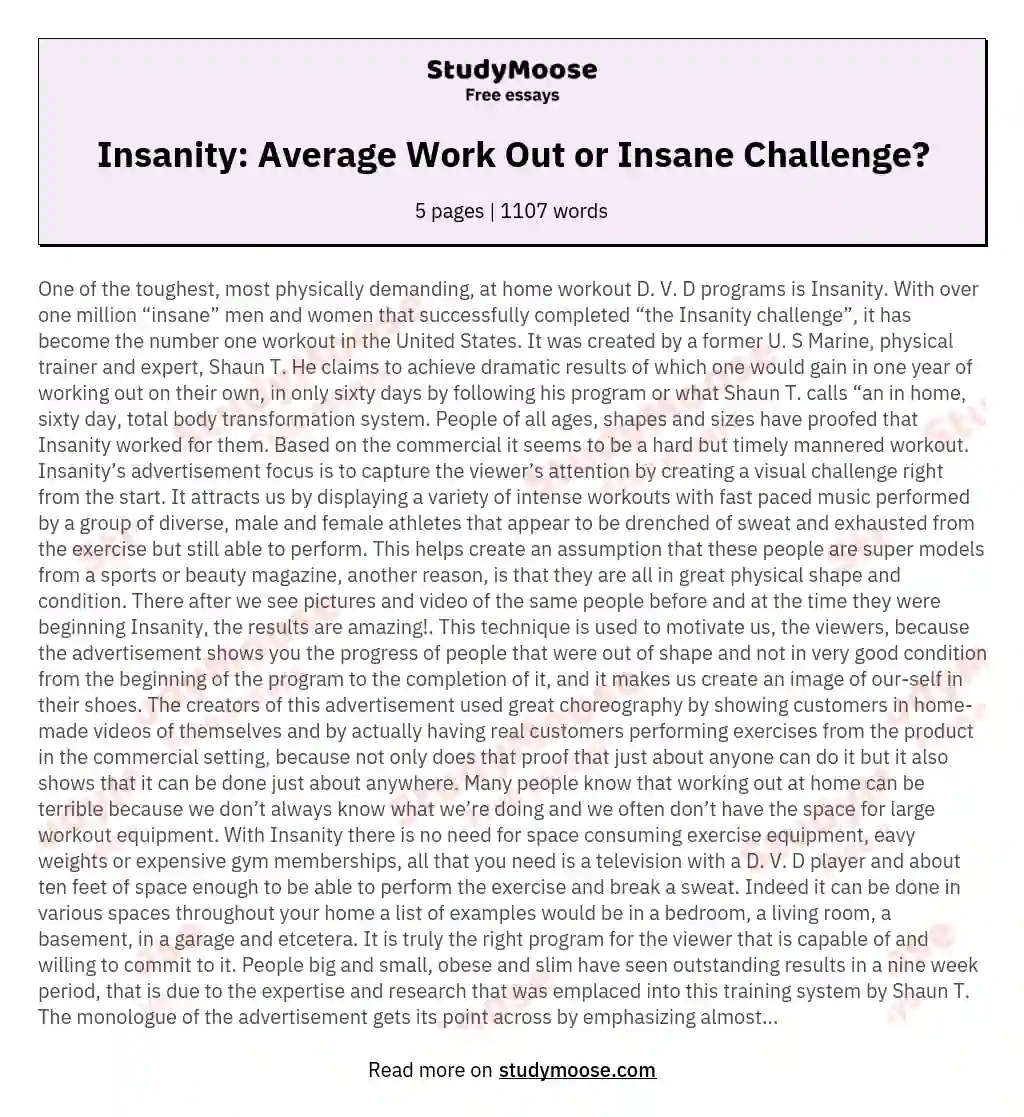 Insanity: Average Work Out or Insane Challenge? essay