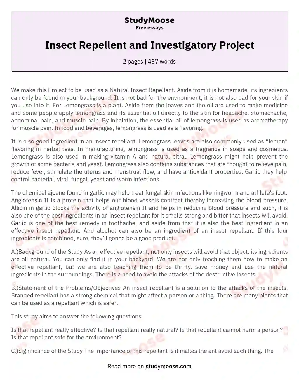 Insect Repellent and Investigatory Project essay