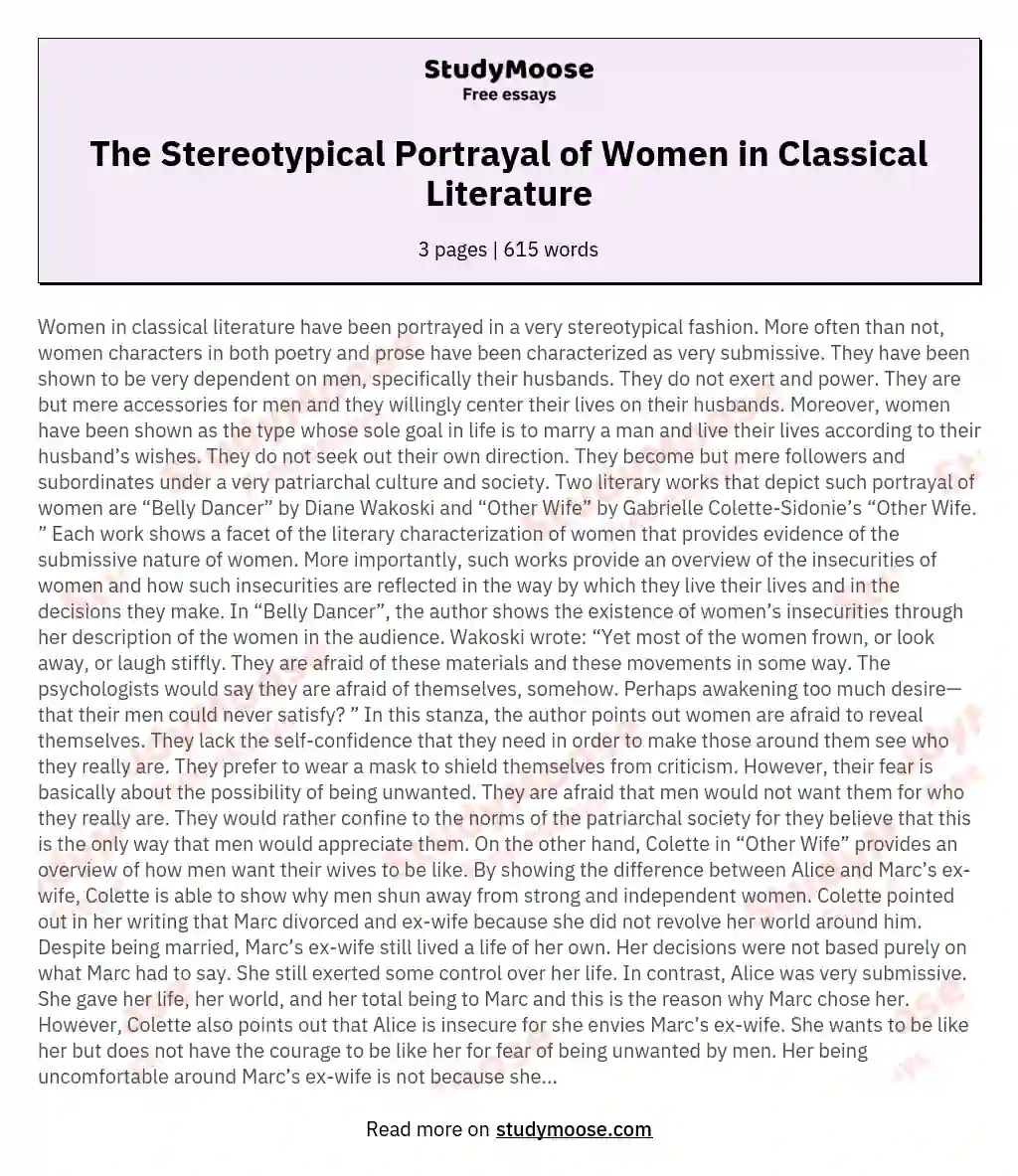 The Stereotypical Portrayal of Women in Classical Literature essay