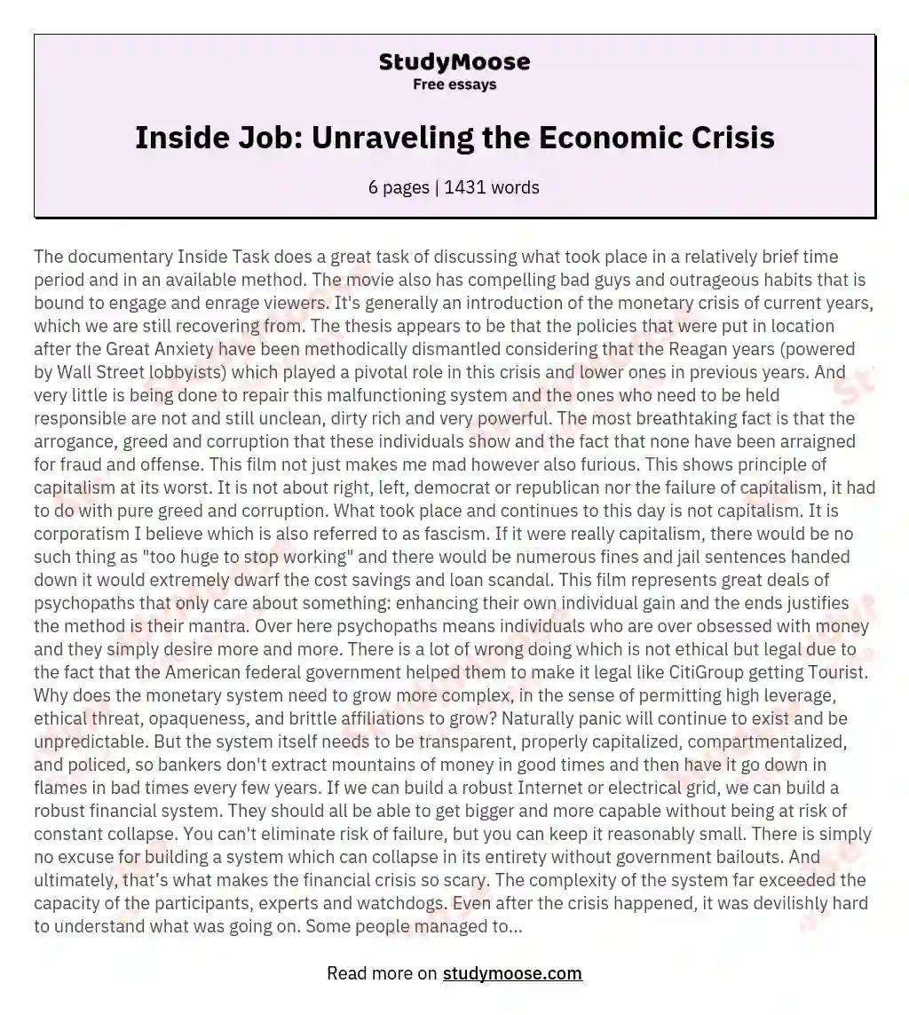 Inside Job: Unraveling the Economic Crisis essay