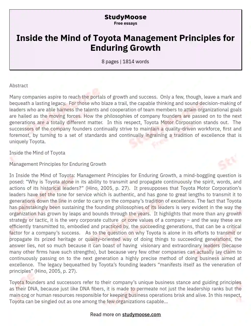 Inside the Mind of Toyota Management Principles for Enduring Growth essay