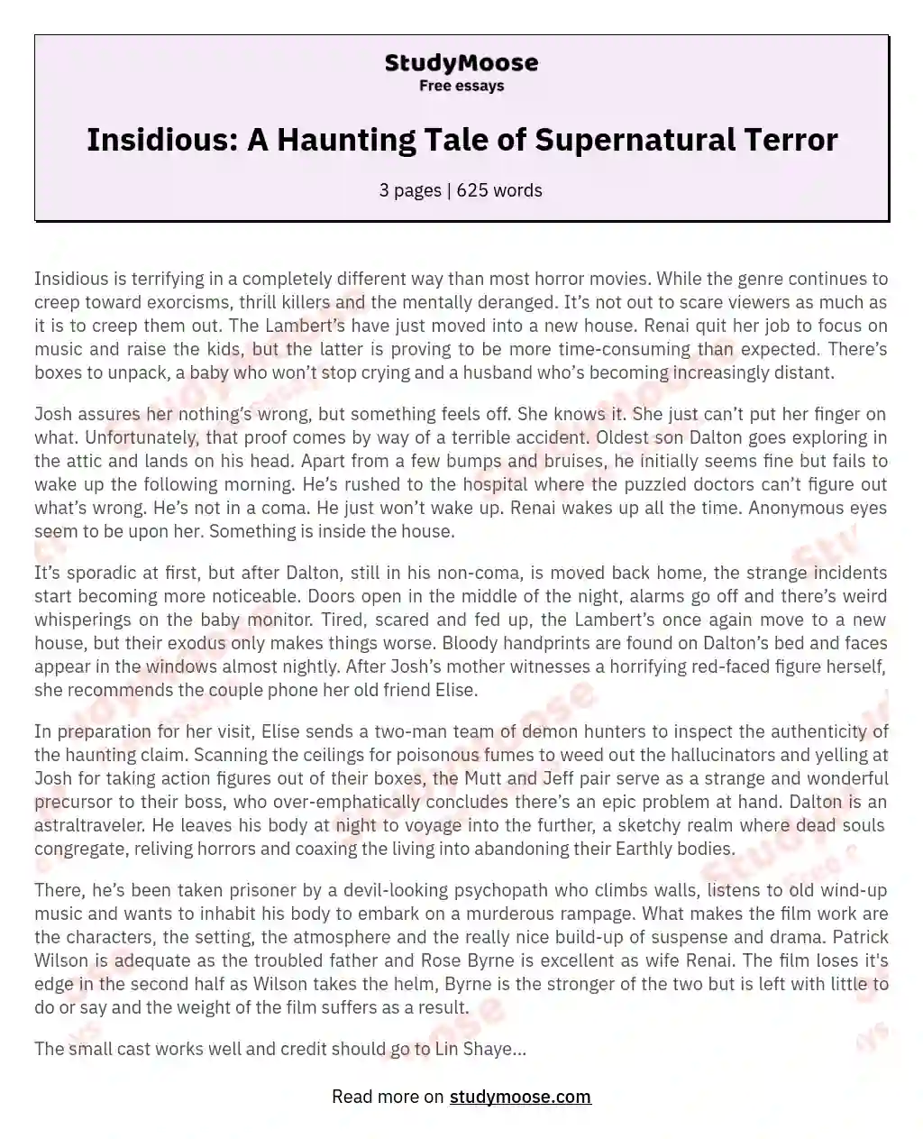 Insidious: A Haunting Tale of Supernatural Terror essay