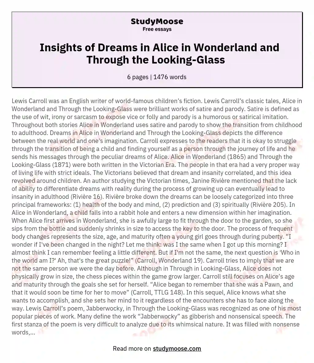   Insights of Dreams in Alice in Wonderland and Through the Looking-Glass  essay